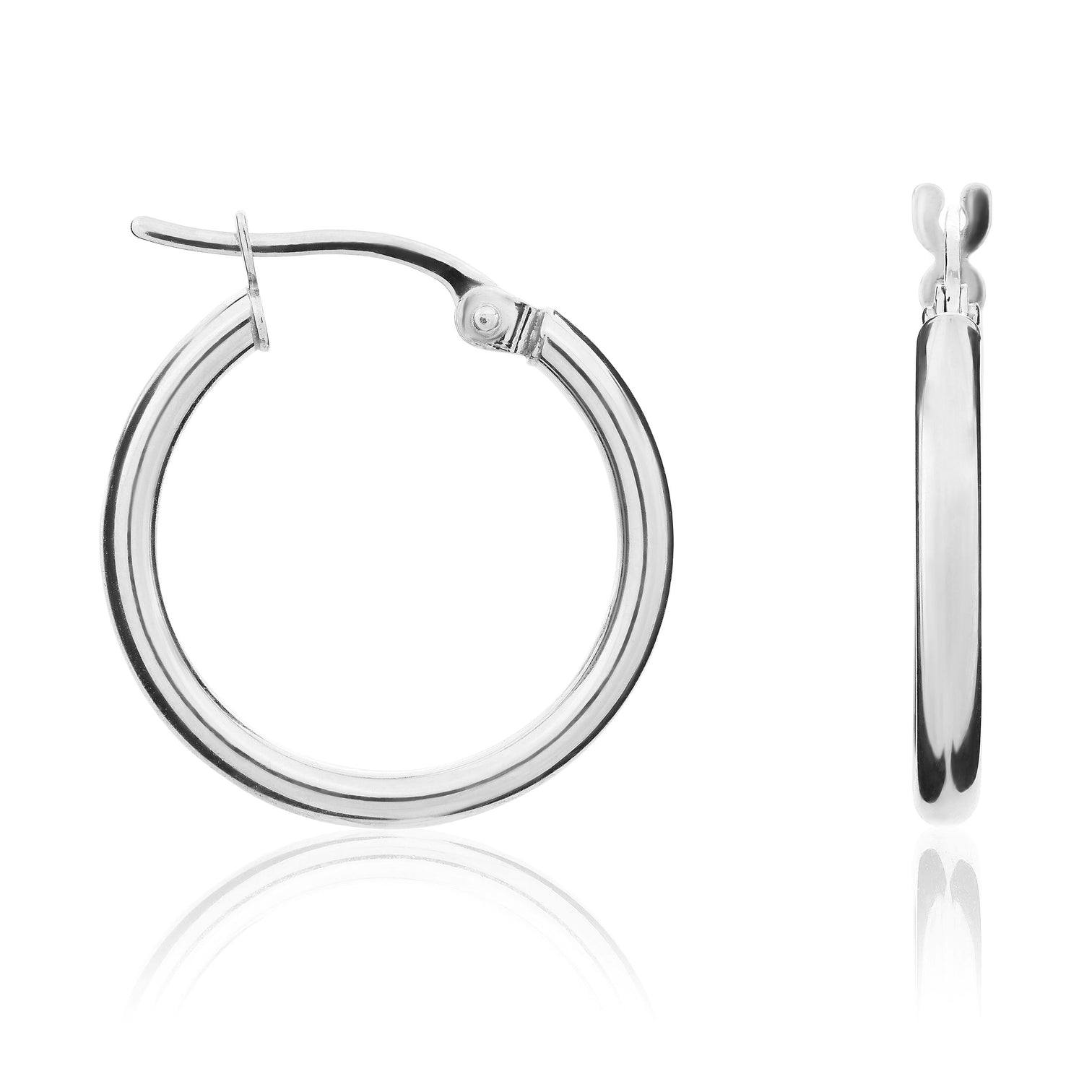 18ct white gold Polished 2mm Round Tube Hoop Earrings. 19mm Outer Diameter