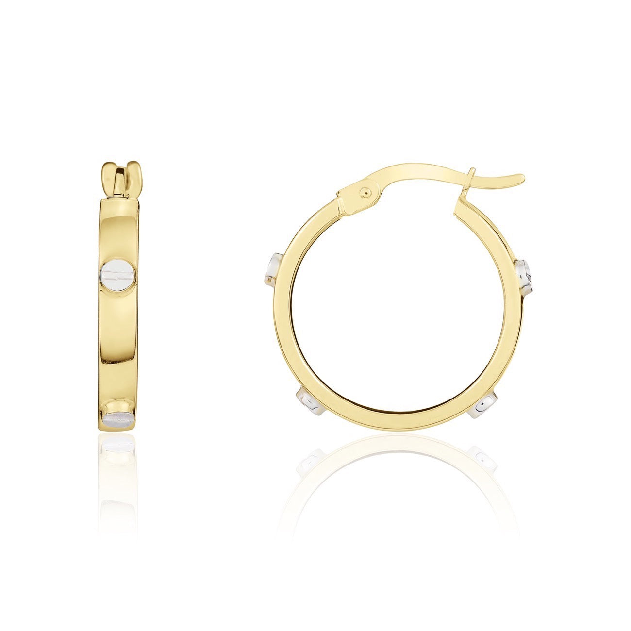 9ct yellow gold Square Profile Hoop Earrings With white gold Screw Motifs. 18mm Oute
