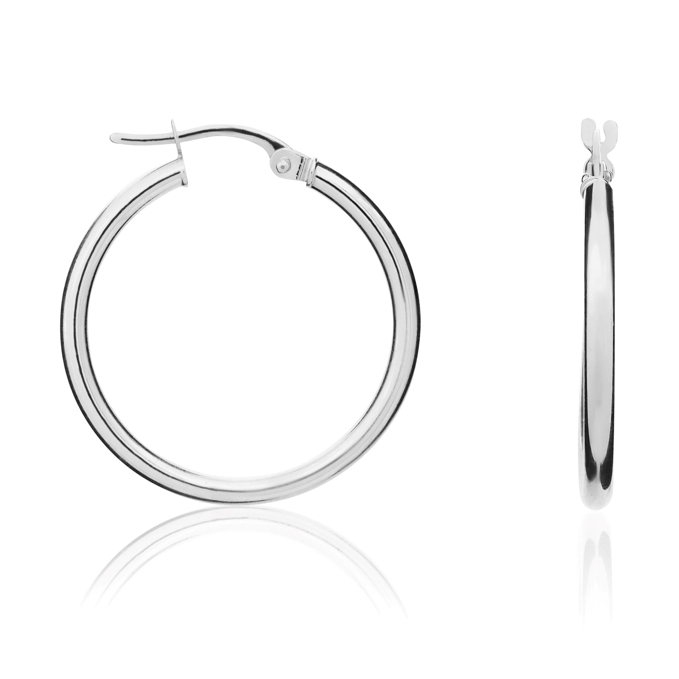 18ct white gold Polished 2mm Round Tube Hoop Earrings. 24mm Outer Diameter
