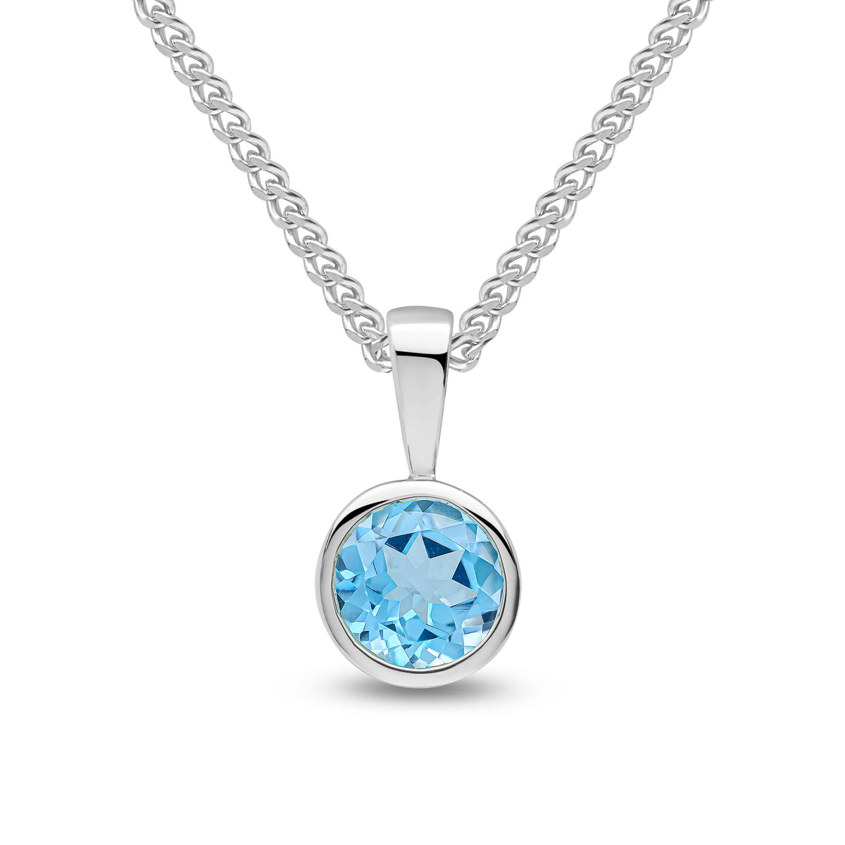 9ct White Gold 6mm Round Swiss Blue Topaz Rubover Pendant