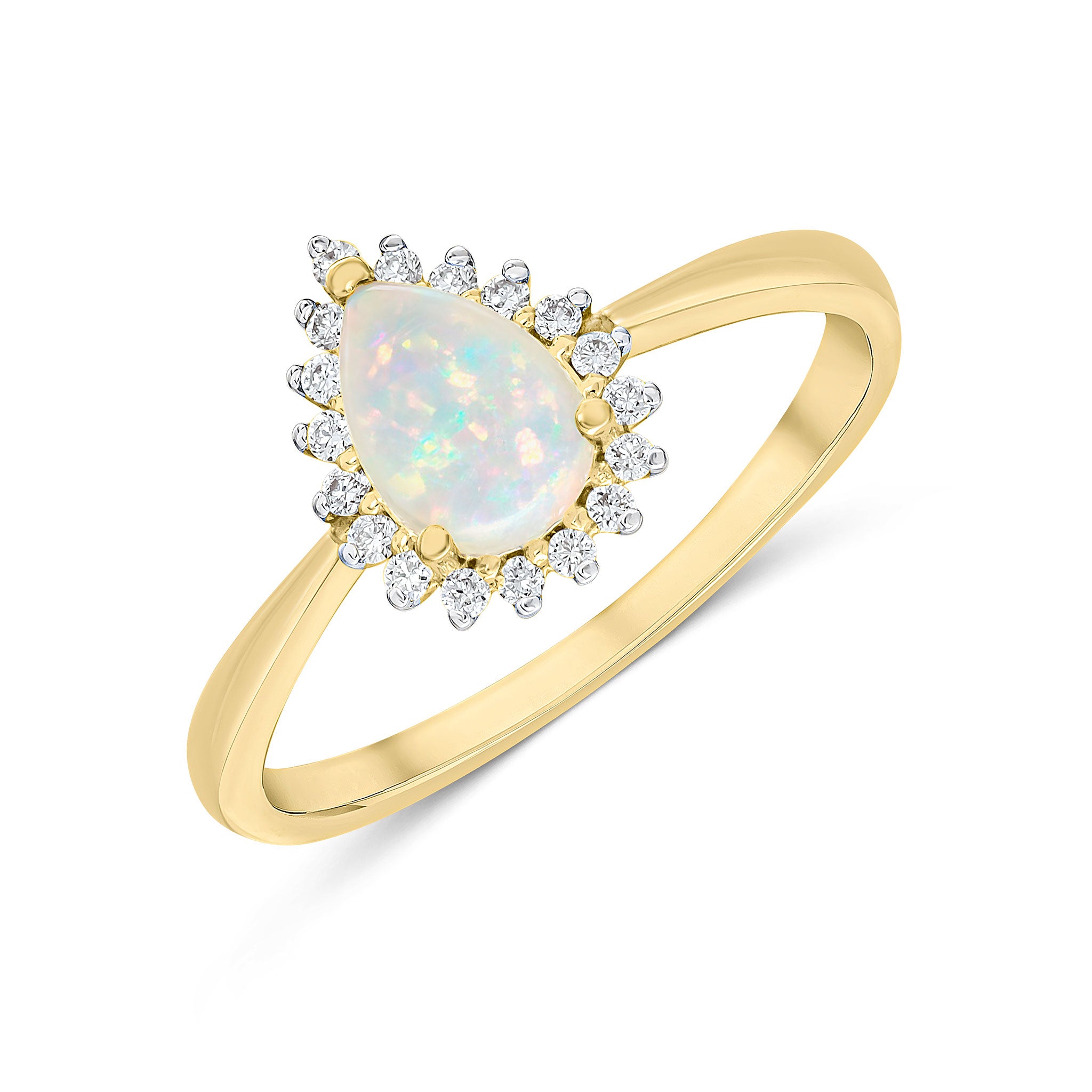 18ct Yellow Gold 7x5mm Pear Shape Opal & Diamond Claw Cluster Ring Rhodium to Diamonds
