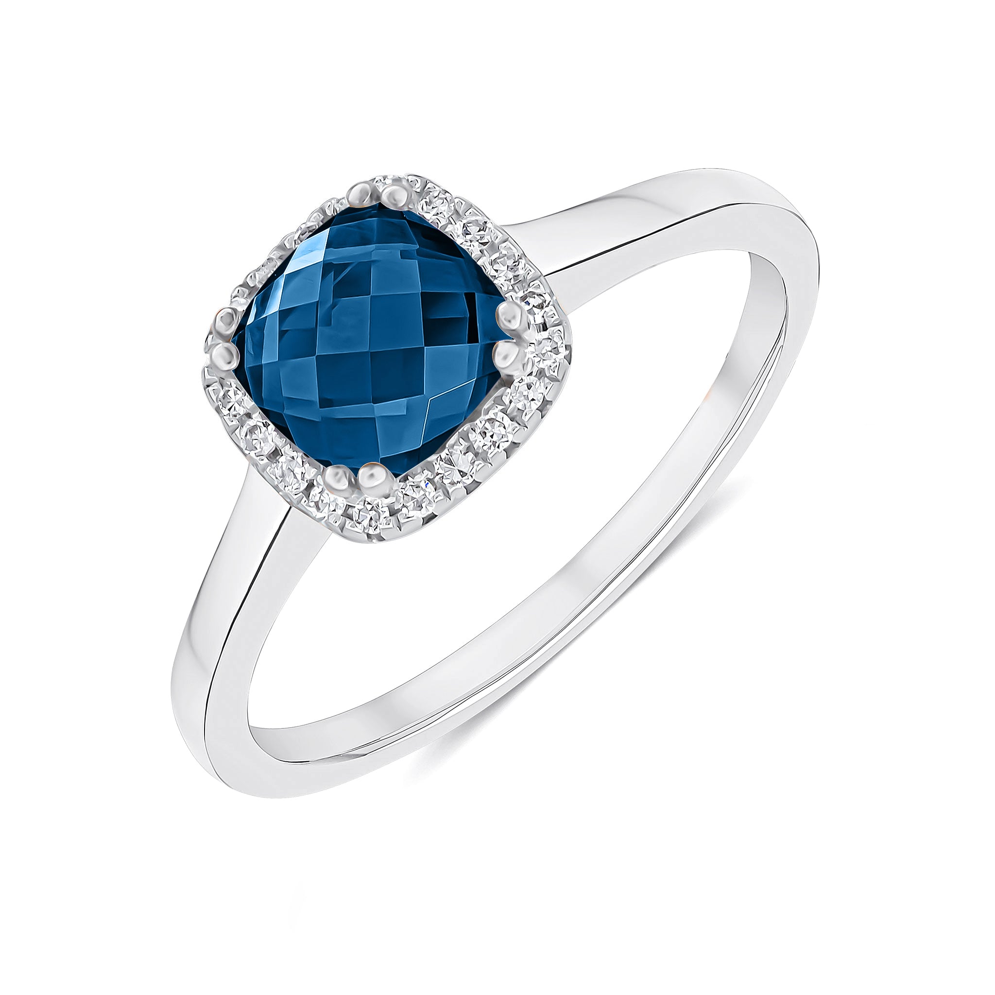 9ct White Gold 6mm Checkerboard Cut Cushion London Blue Topaz and Round Diamond Claw Set Cluster Ring