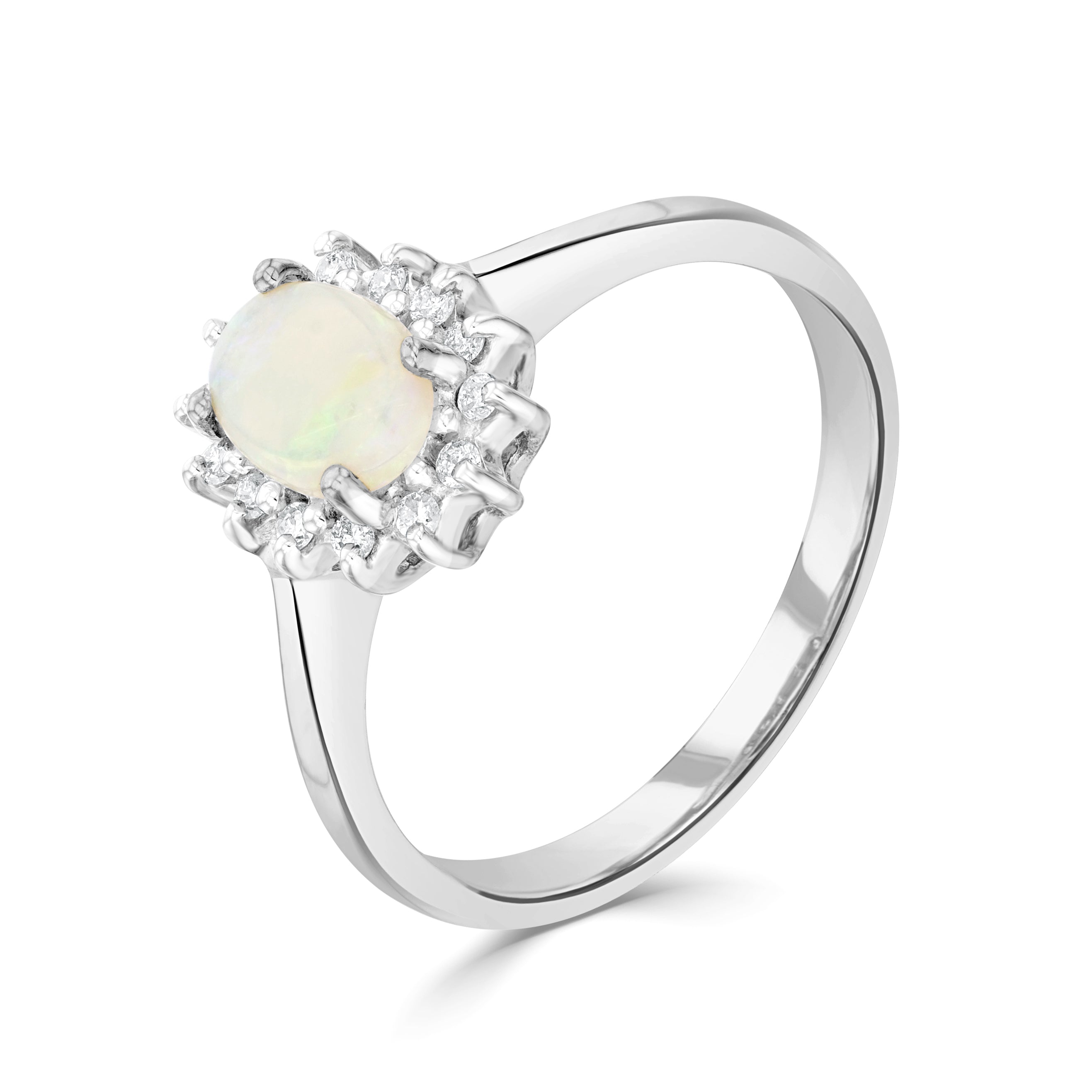 9ct White Gold 7x5 Oval Opal & Diamond Claw Set Cluster Ring