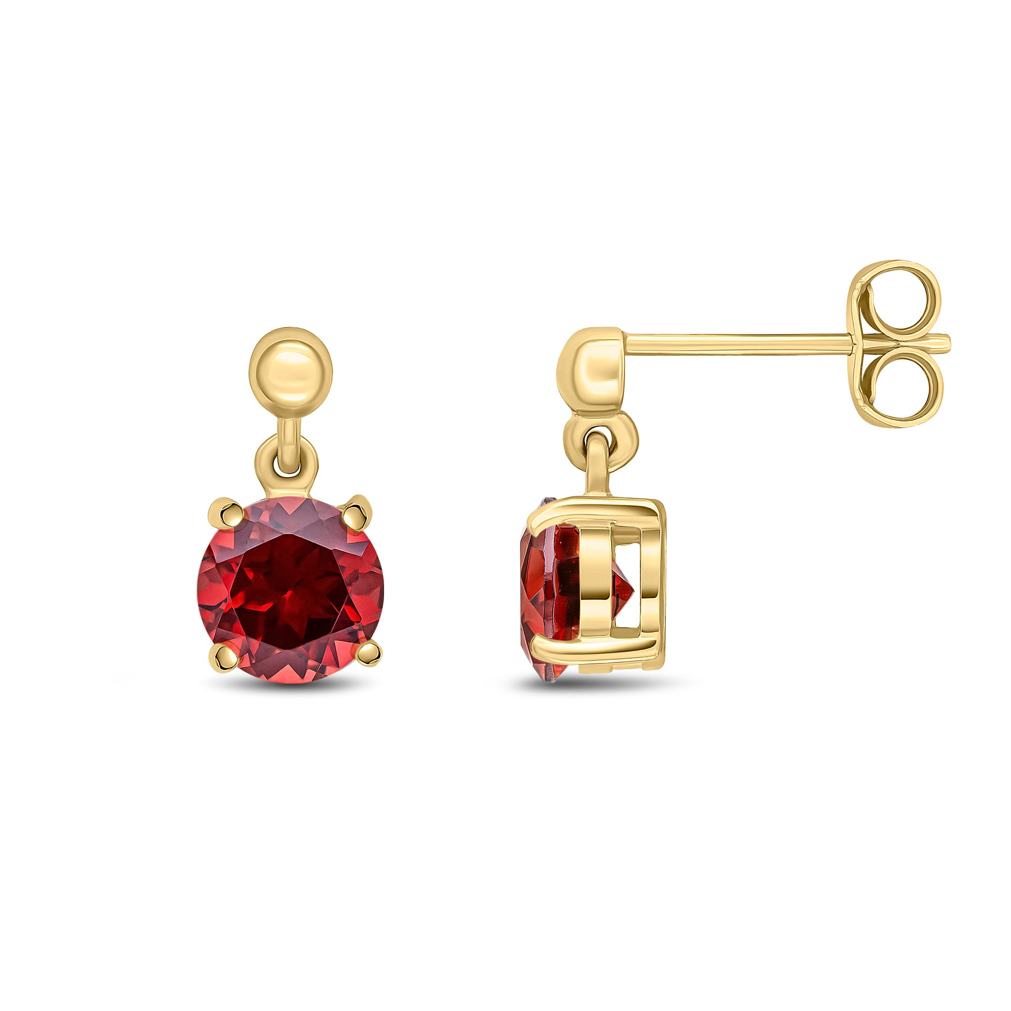 9ct Yellow Gold 6mm Round Garnet Claw Set Drop Earrings with Bead Top