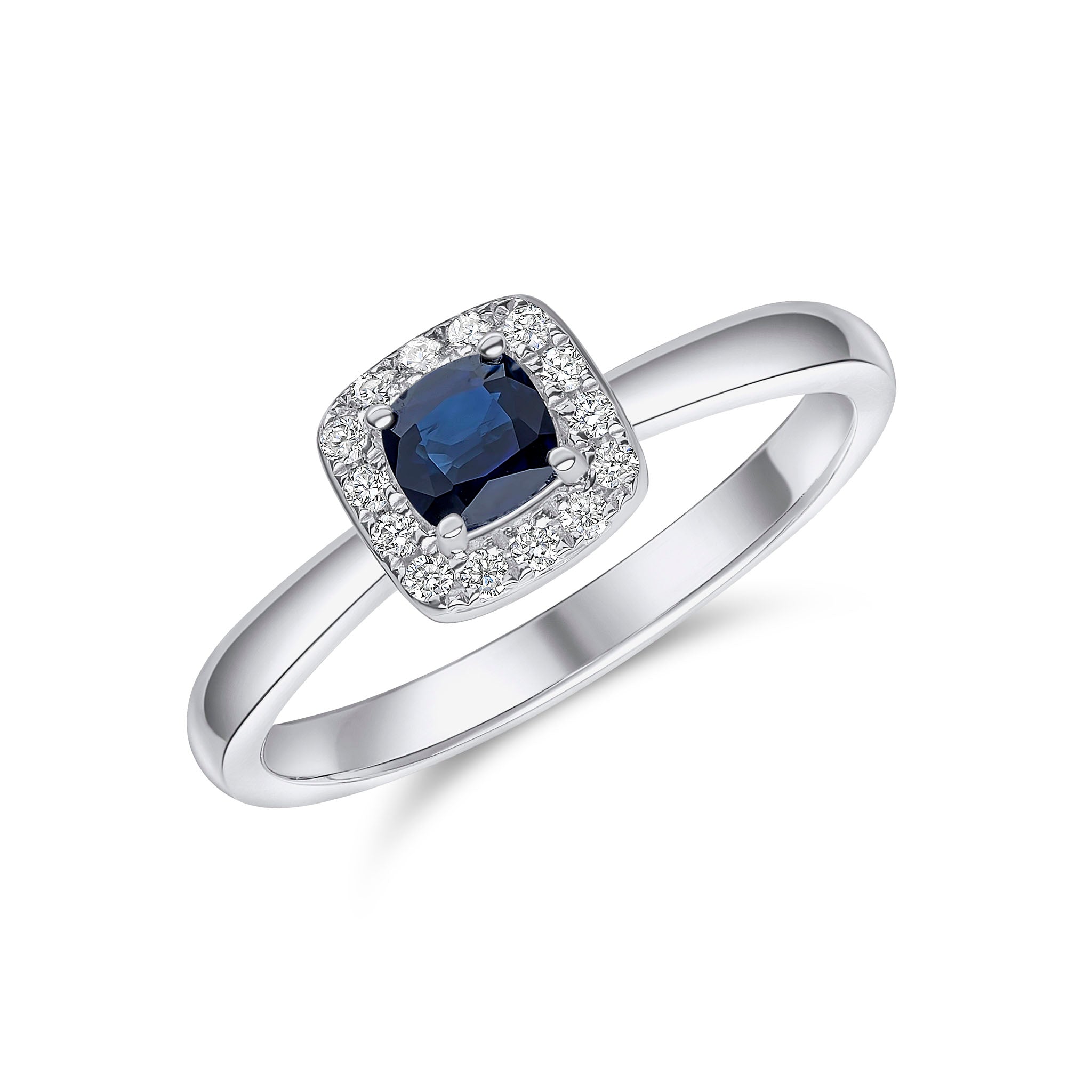 18ct White Gold 4mm Cushion Sapphire & Diamond Cluster Ring