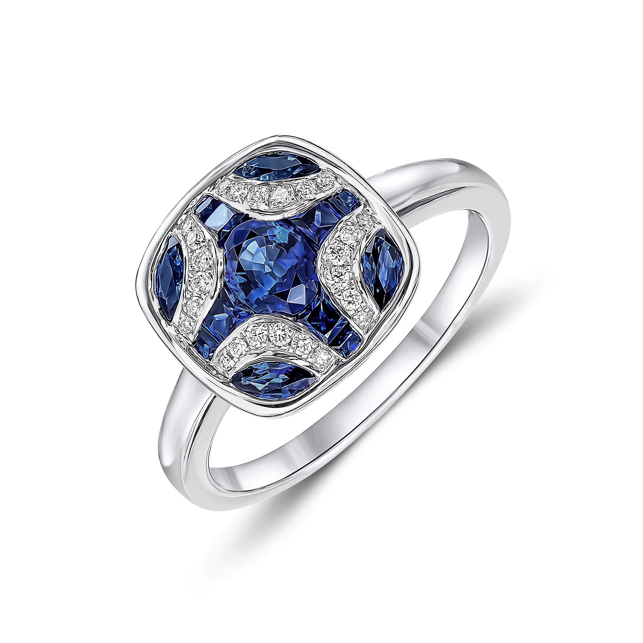 18ct White Gold Sapphire & Diamond Shield Ring with Plain Shank