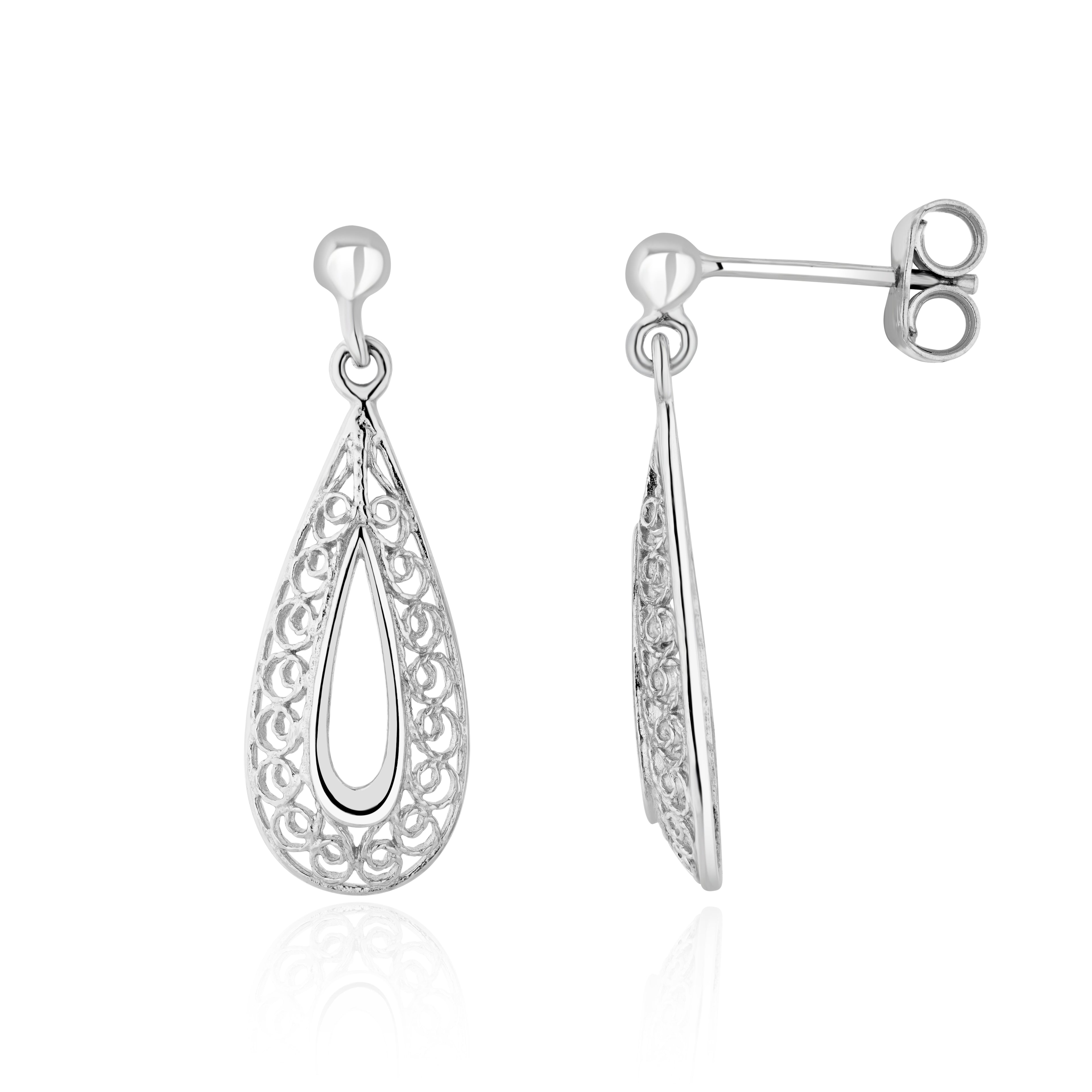 9ct white gold Filigree Open Pearshape Drop Earrings With 3mm Ball Top