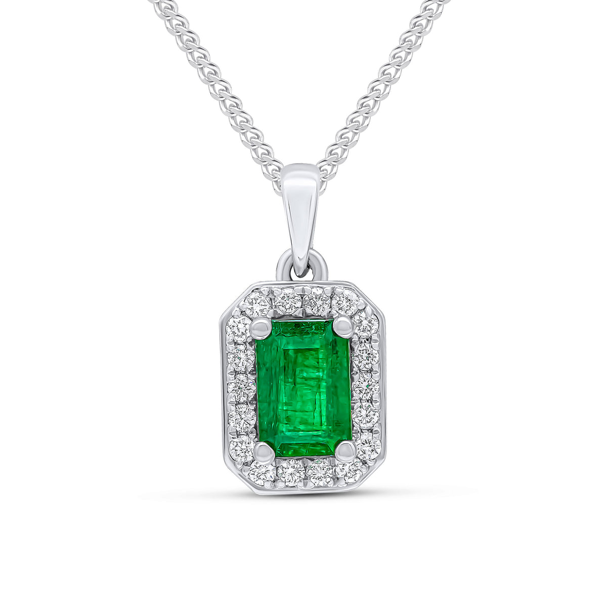 18ct White Gold 6x4 Octagon Emerald and Round Diamond Claw Set Cluster Pendant