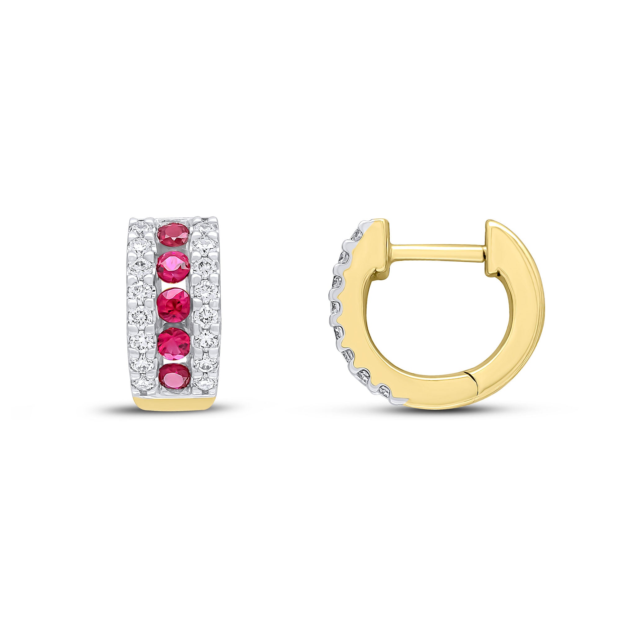 18yg Round Ruby & Diamond 3 Row Huggies