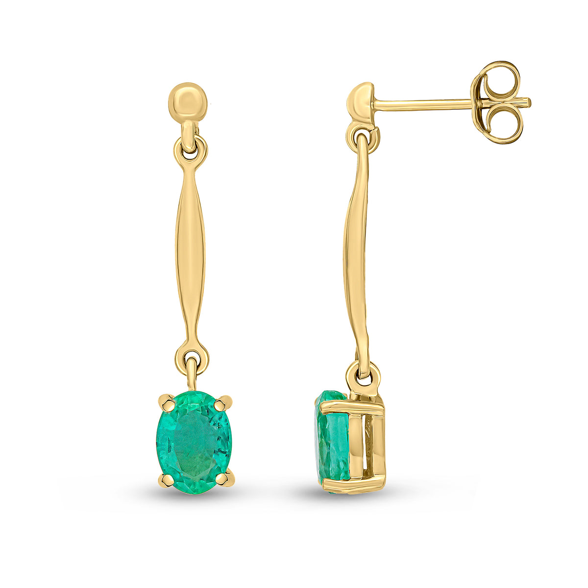 9ct Yellow Gold 7x5mm Oval Emerald and Bar Drop Earrings with Bead Top