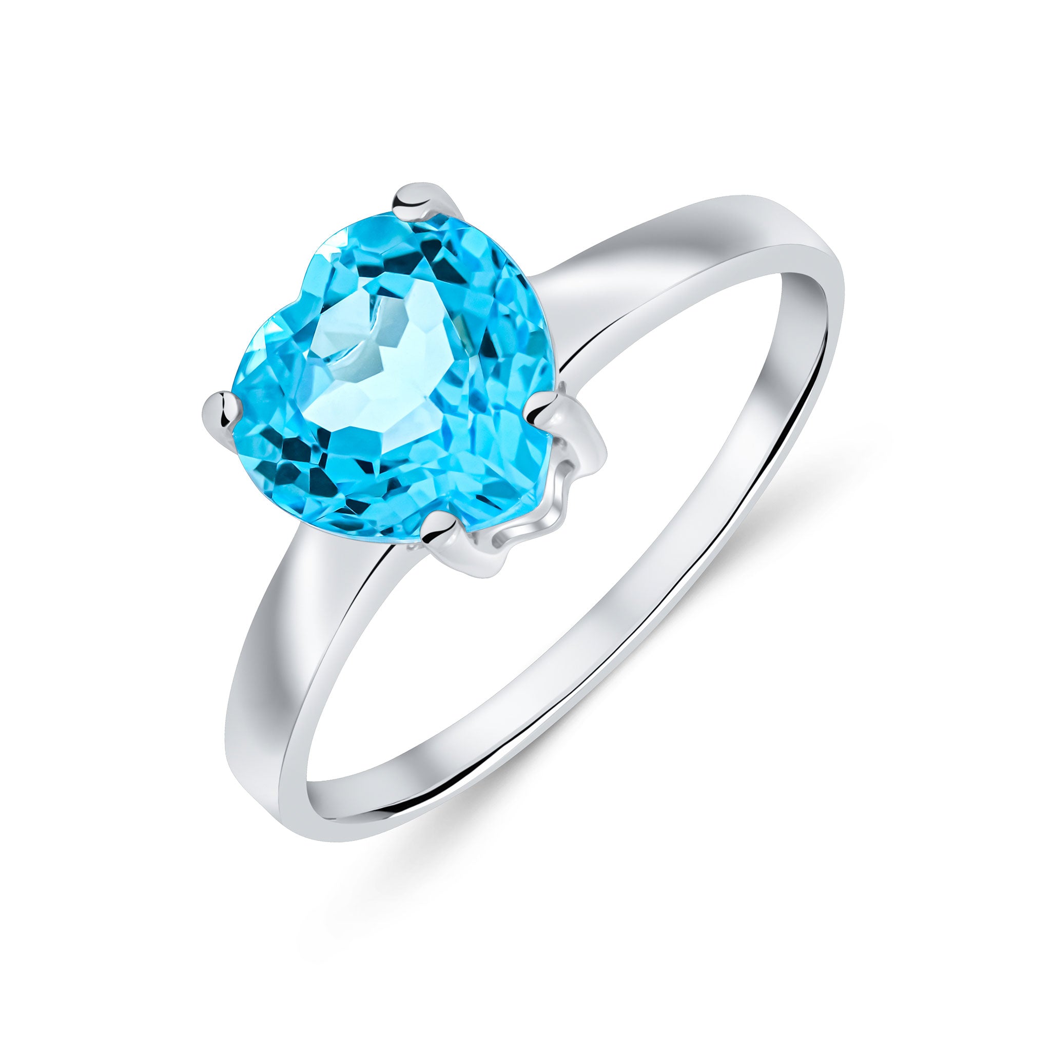 9ct White Gold 8mm Heart Swiss Blue Topaz Claw Set Single Stone Ring