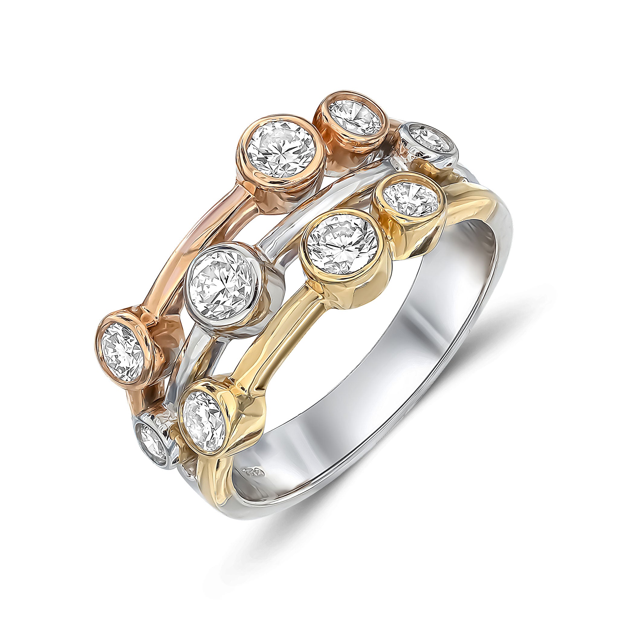 18ct Ywrg Round Diamond 3 Row Bubble Ring 1.00ct Total