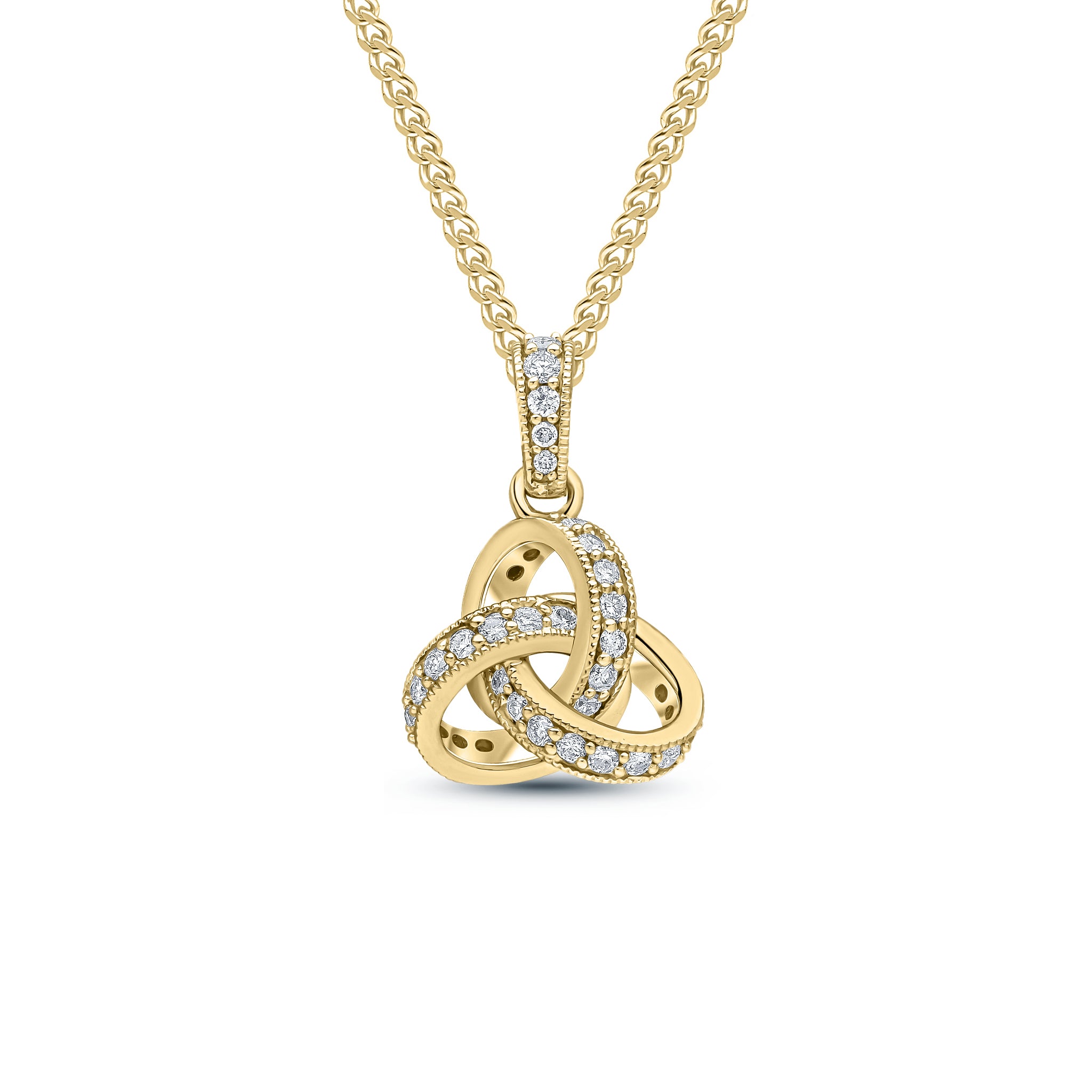 18ct Yellow Gold Round Diamond Grain Set Knot Pendant with Diamond Set Loop Top Small