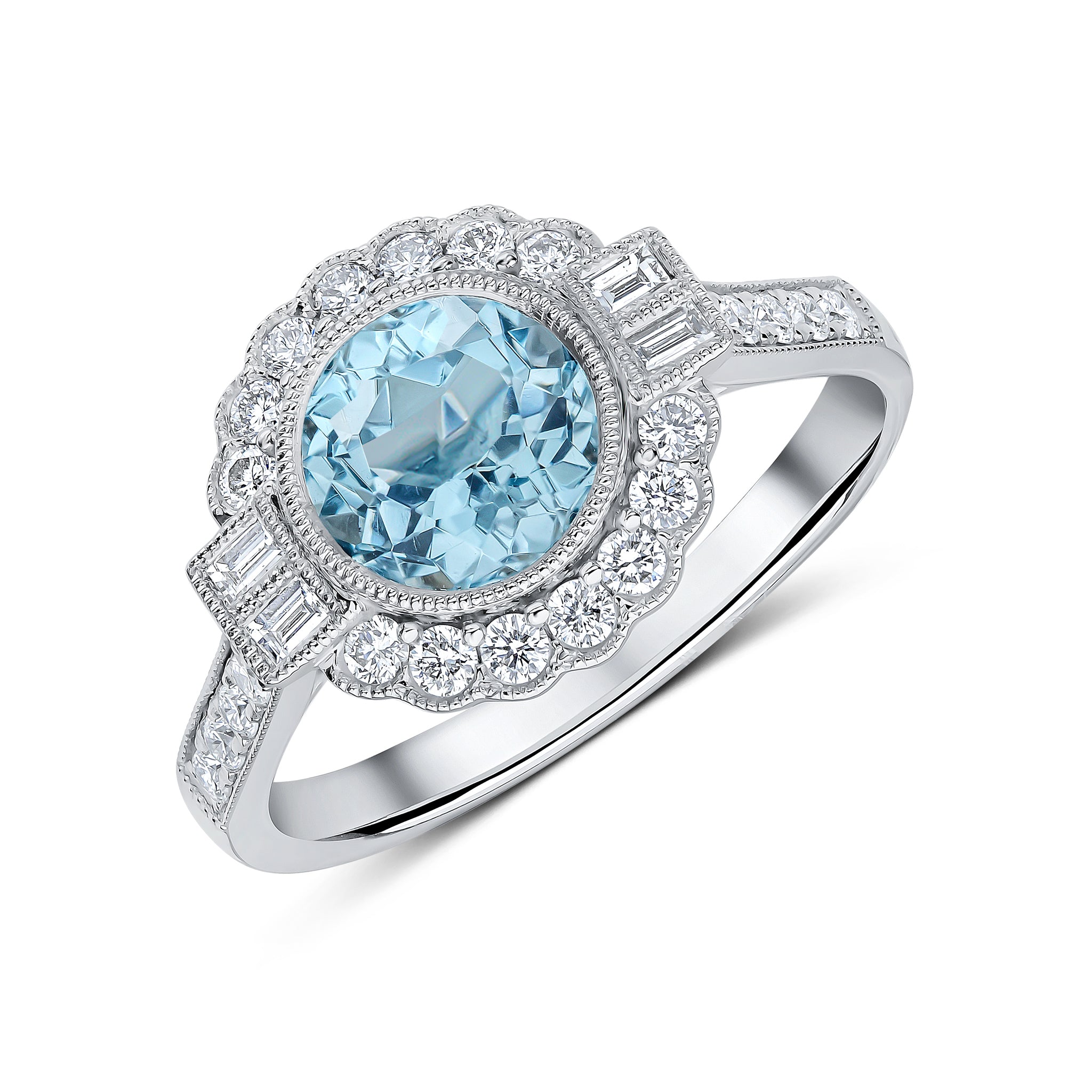 18ct White Gold Round Aquamarine Round and Baguette Diamond Milgrain Cluster Ring with Diamond Set Shoulders