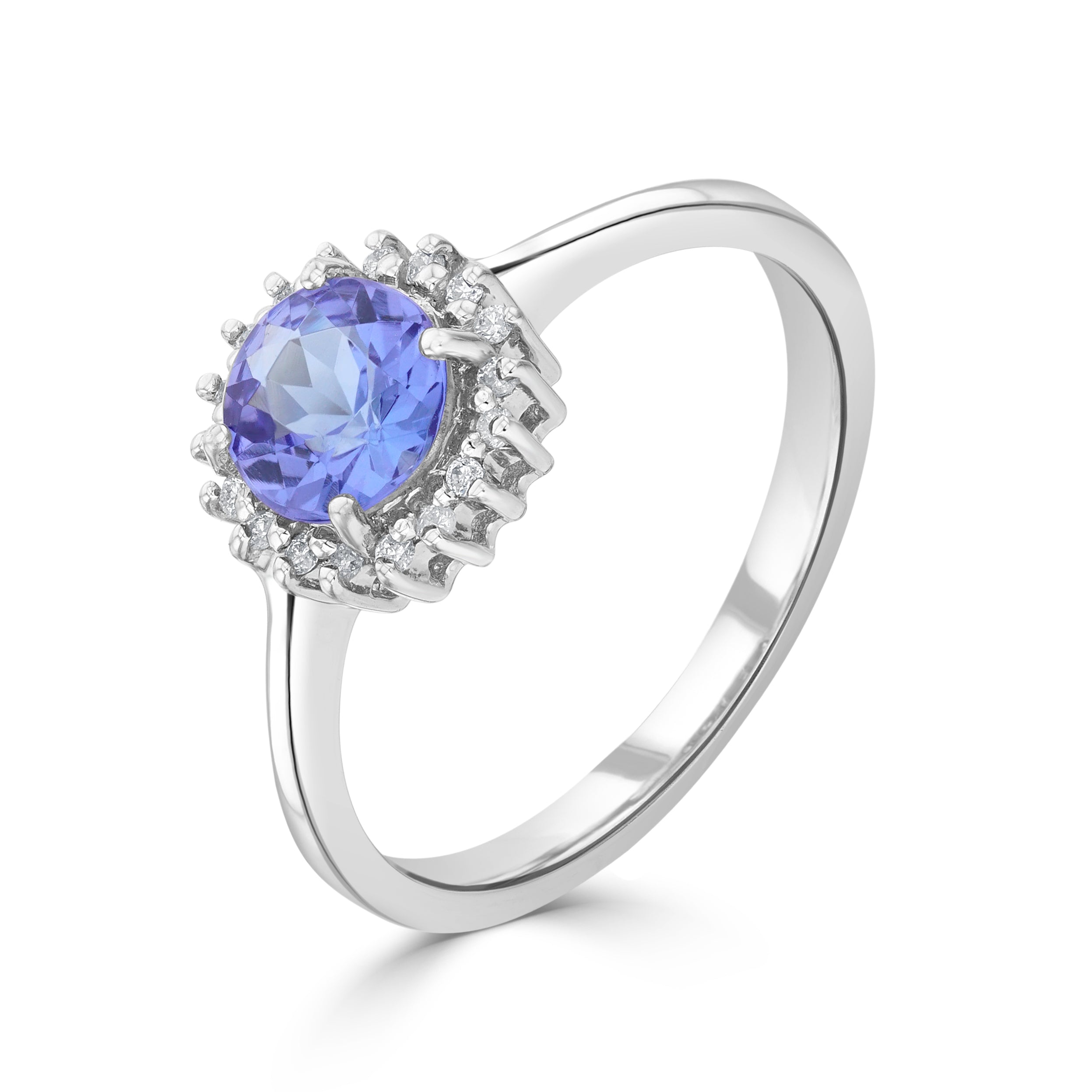 9ct White Gold 6mm Round Tanzanite & Diamond Claw Set Cluster Ring