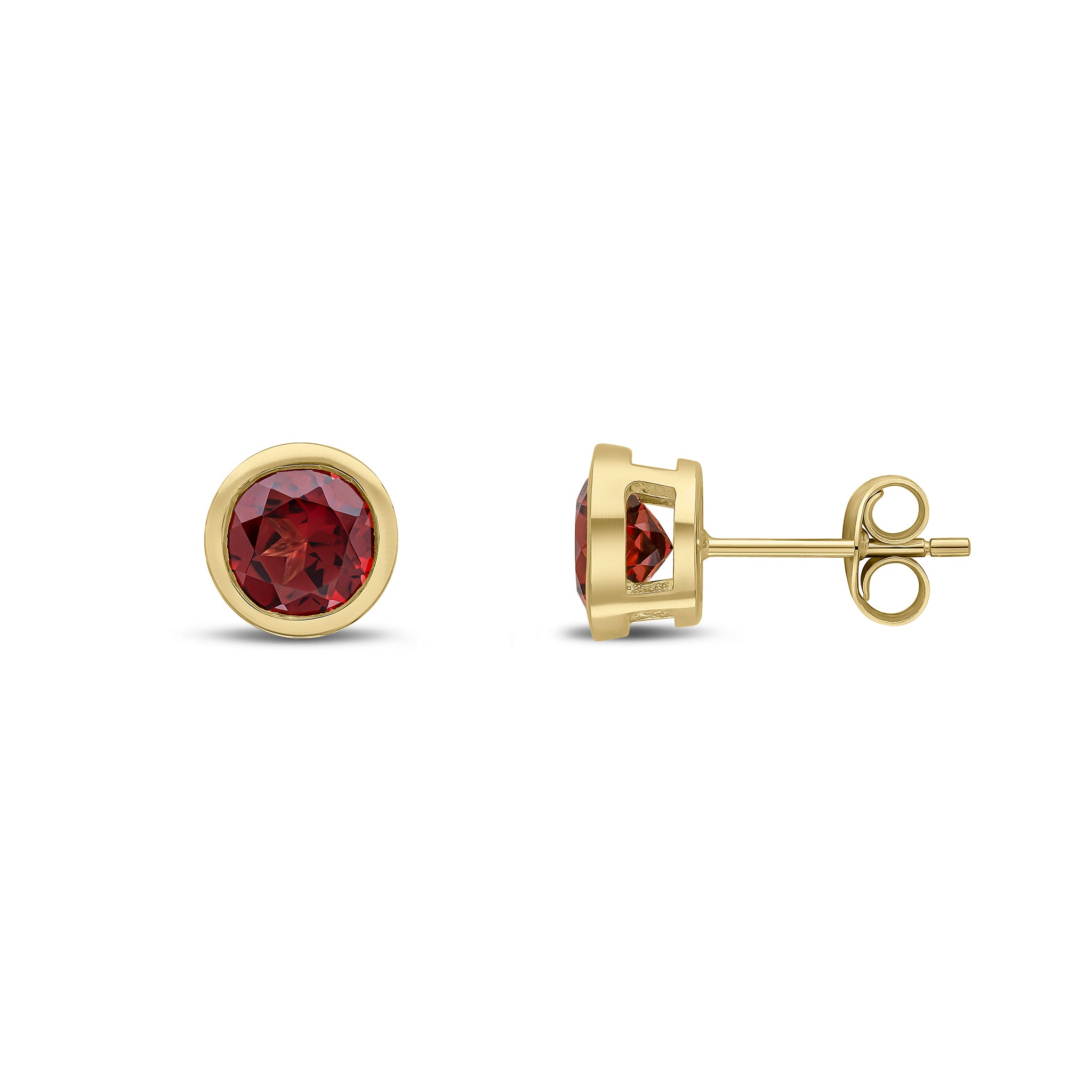 9ct Yellow Gold 6mm Round Garnet Rubover Earrings