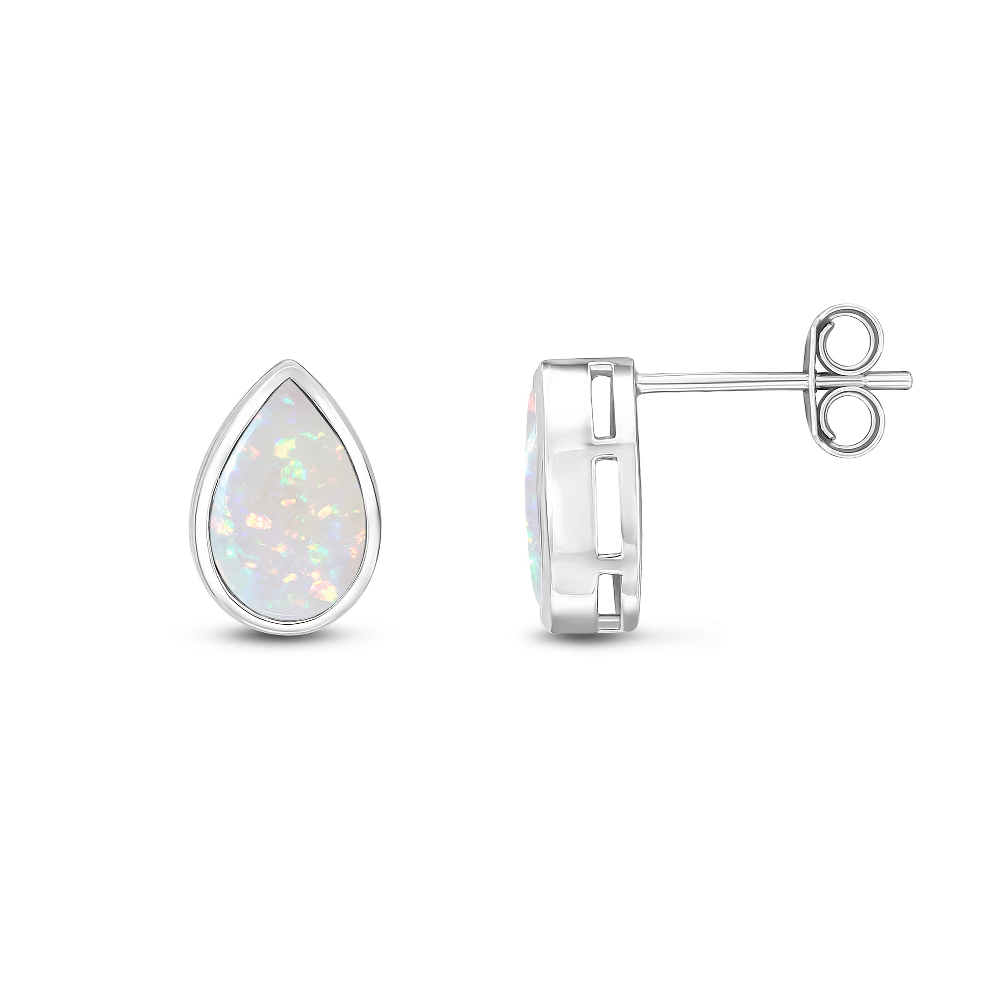 9ct White Gold 9x6 Pear Shape Opal Rubover Earrings