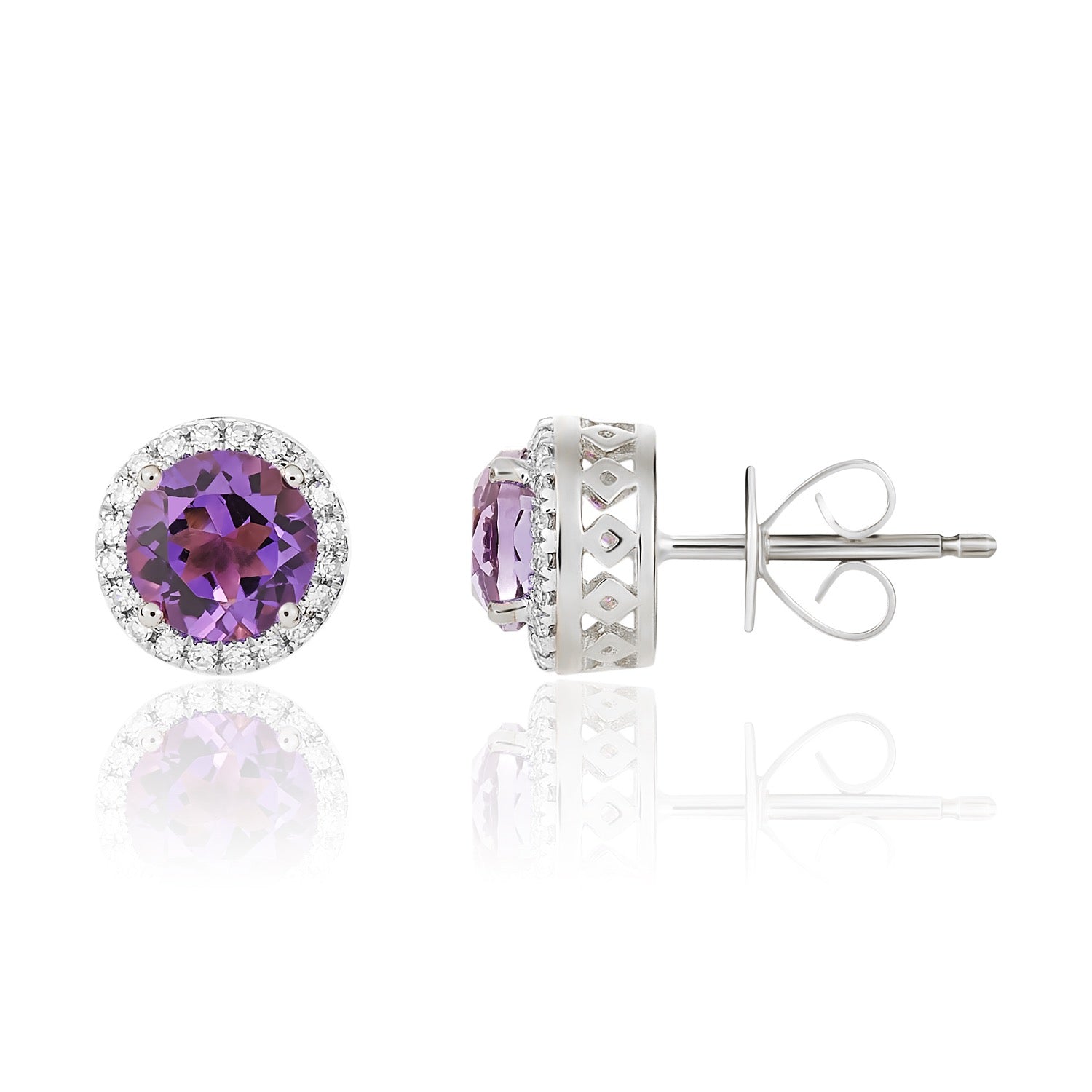 9ct White Gold 6mm Round Amethyst and Diamond Claw Cluster Earrings