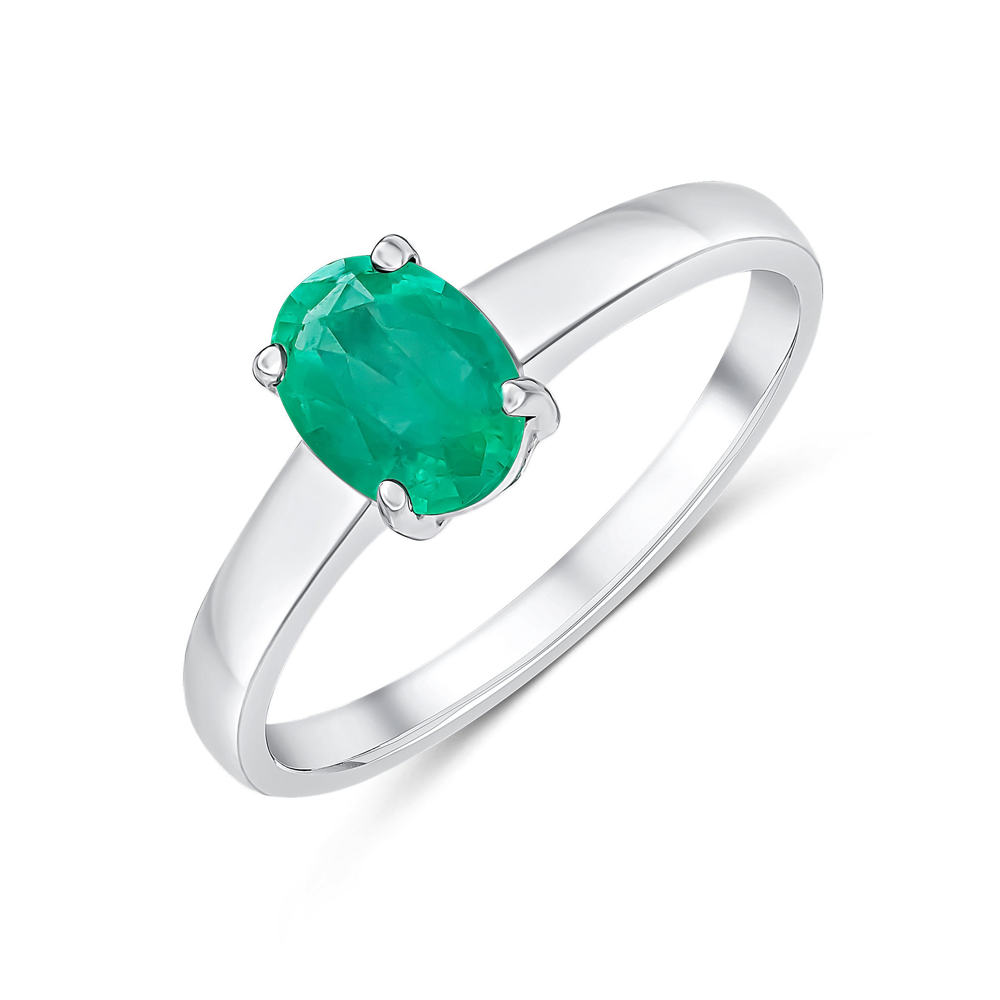 9ct White Gold 7x5mm Oval Emerald Claw Set Single Stone Ring