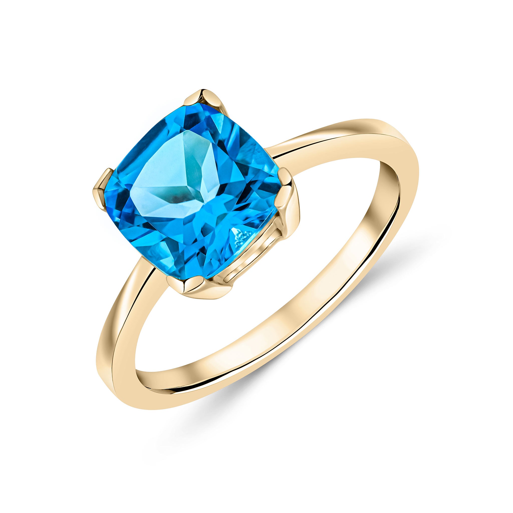 9ct Yellow Gold 8mm Cushion Swiss Blue Topaz Claw Set Single Stone Ring