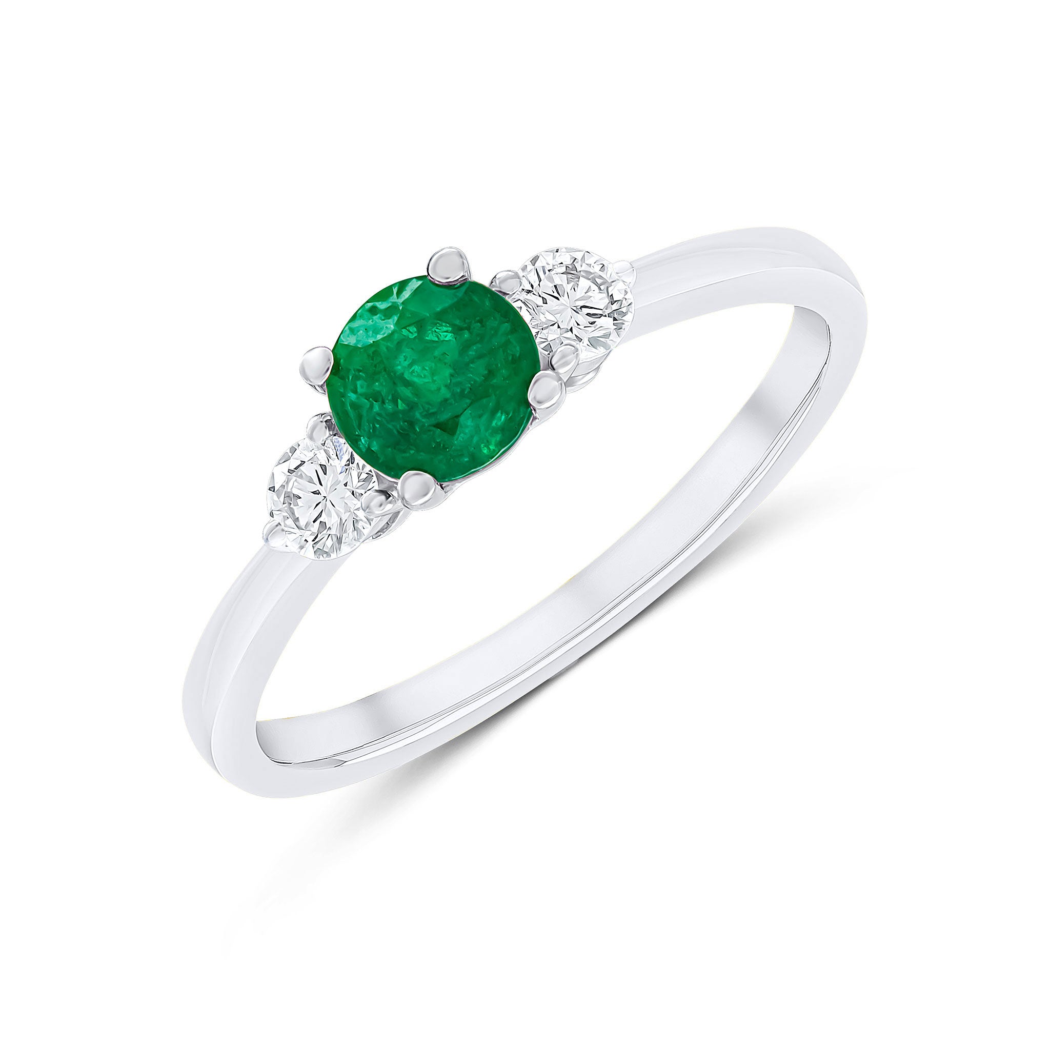 18ct White Gold 5mm Round Emerald & Diamond 3 Stone Claw Set Ring