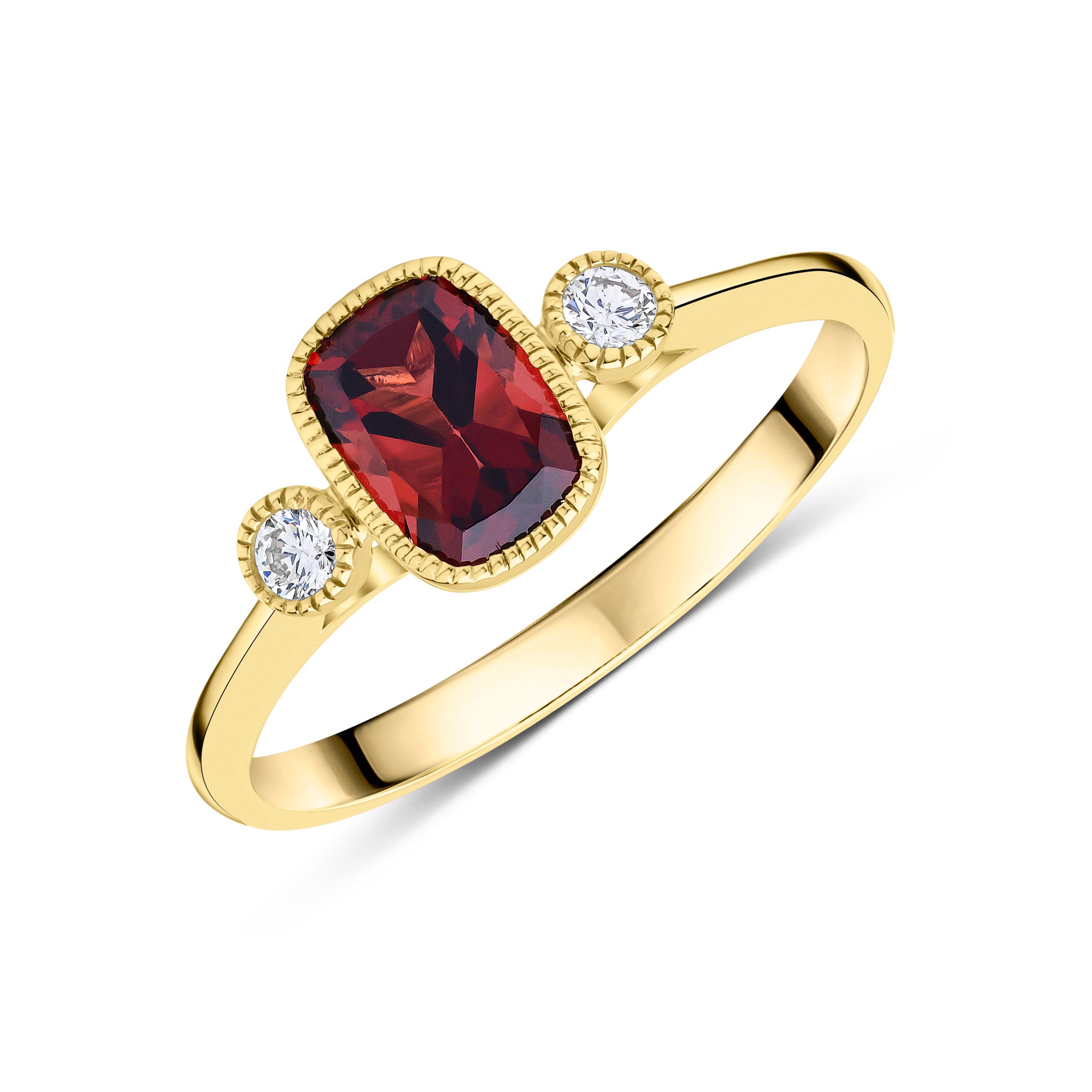 9CT YG 7X5 CUSHION GARNET & ROUND DIAMOND MILLEGRAIN SET 3ST RING 1