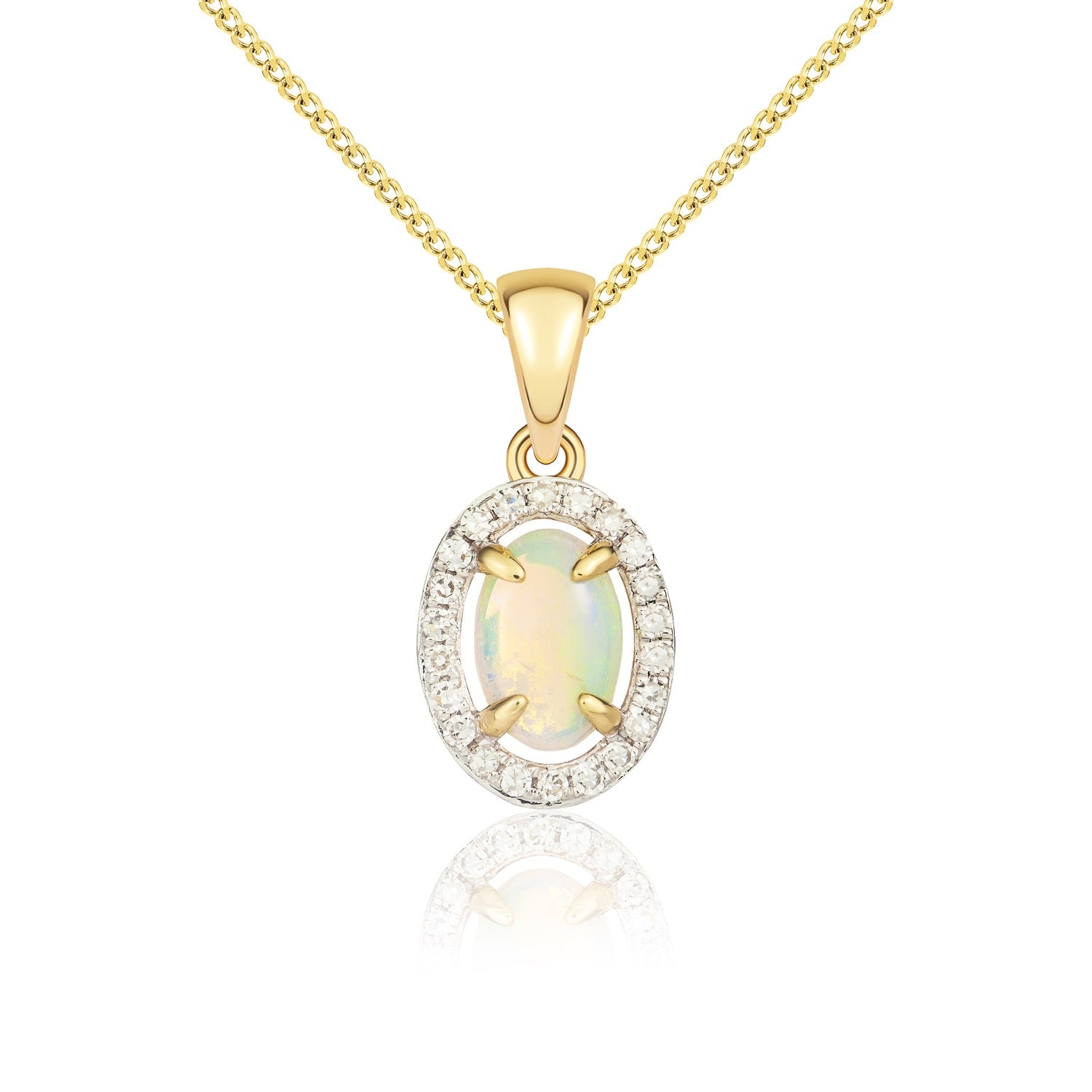 9ct Yellow Gold 6x4 Oval Opal and Round Diamond Halo Cluster Pendant with Plain Loop Top Rhodium to Diamonds