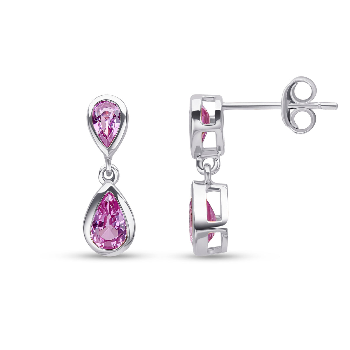 9ct White Gold Pear Shape Pink Sapphire 2 Stone Rubover Drop Earrings