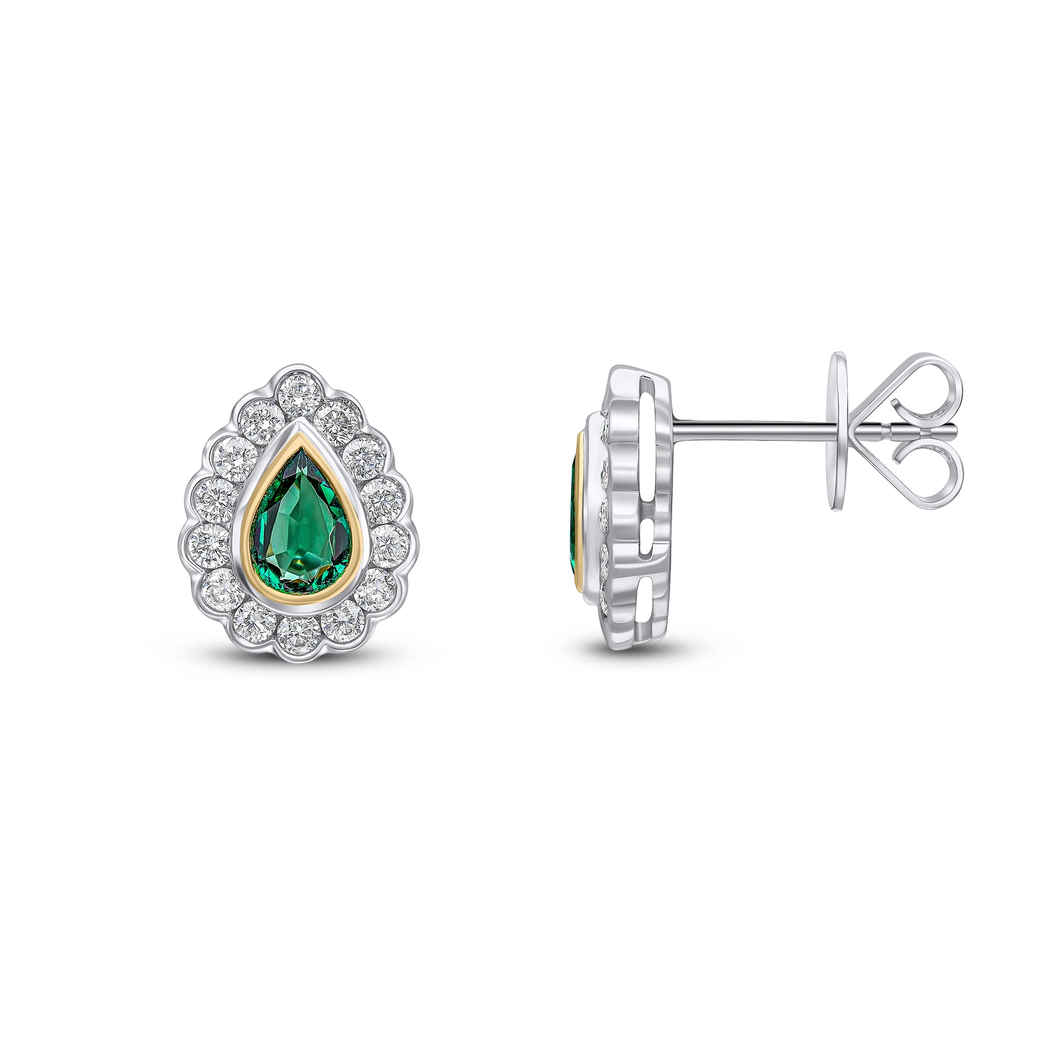 18ct Ywg Pear Shape Emerald and Round Diamond Rubover Cluster Earrings