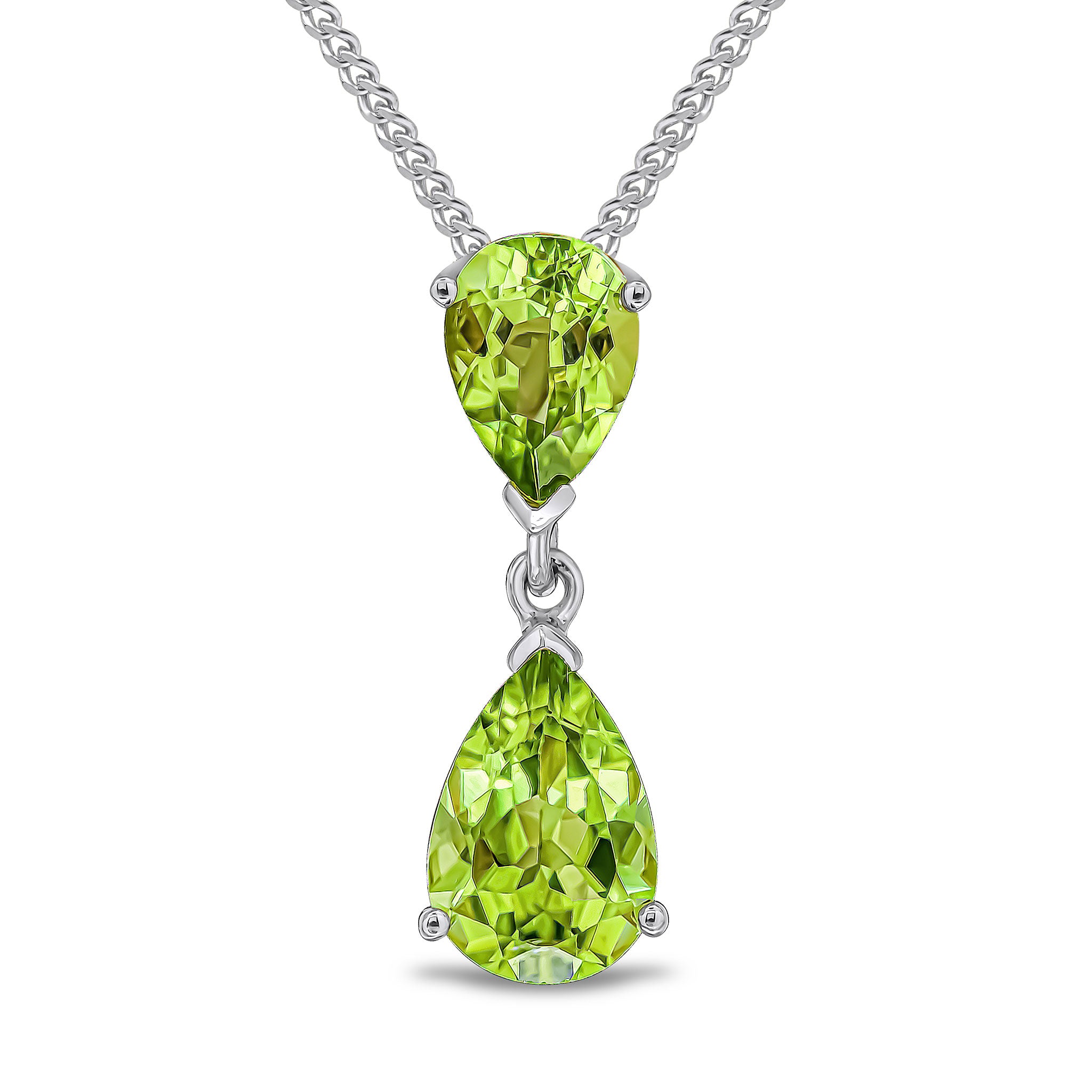 9ct White Gold Pear Shape Peridot 2 Stone Claw Set Pendant (Temporarily Discontinued)
