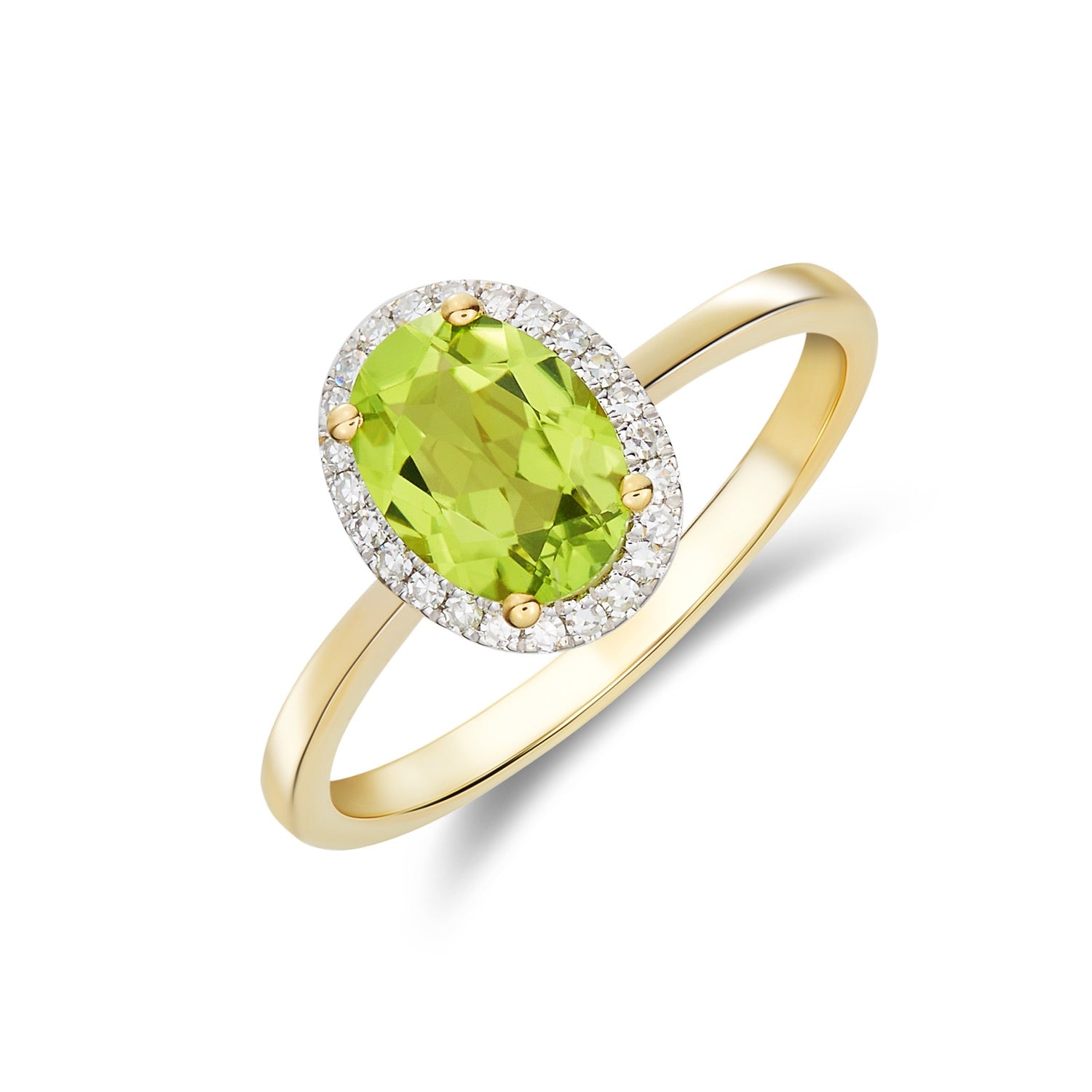 9ct Yellow Gold 8x6 Oval Peridot and Diamond Claw Set Cluster Ring Rhodium to Diamonds