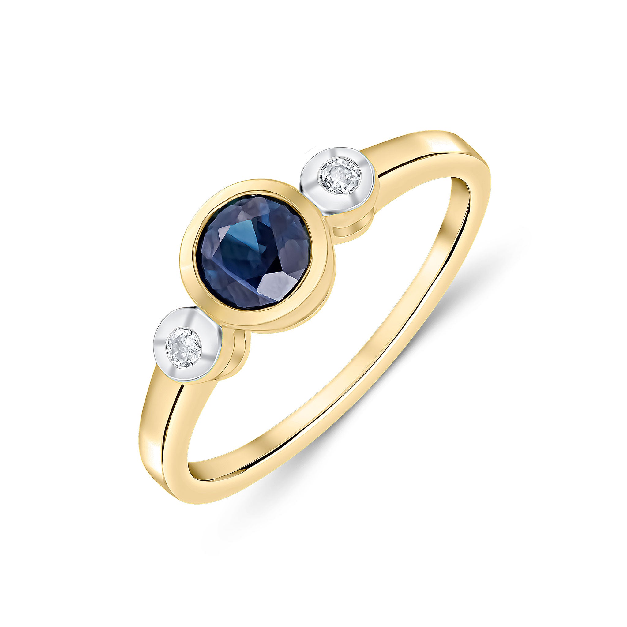 9CT YG 5MM ROUND SAPPHIRE AND ROUND DIAMOND 3ST RUBOVER RING. RHODIUM TO DIAMONDS 1