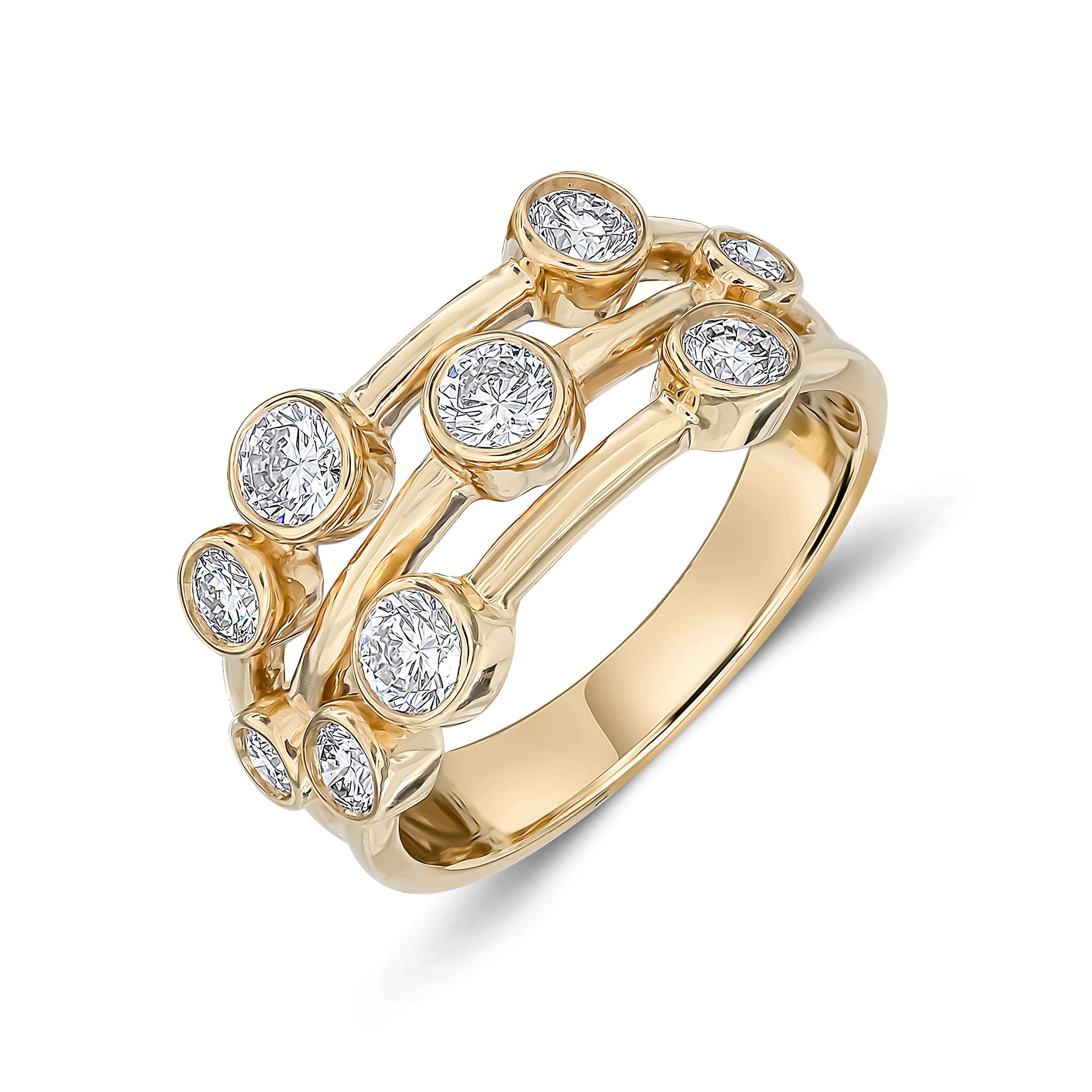 18ct Yellow Gold Round Diamond 3 Row Bubble Ring 1.00ct Total