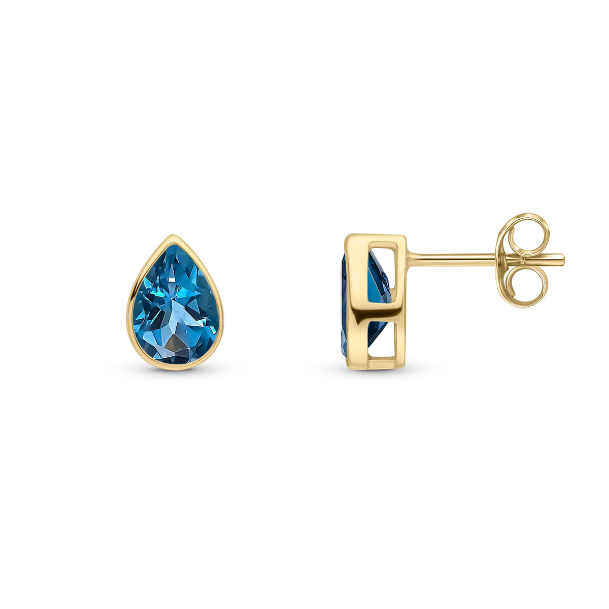 9ct Yellow Gold 7x5 Pear Shape London Blue Topaz Rubover Set Earrings