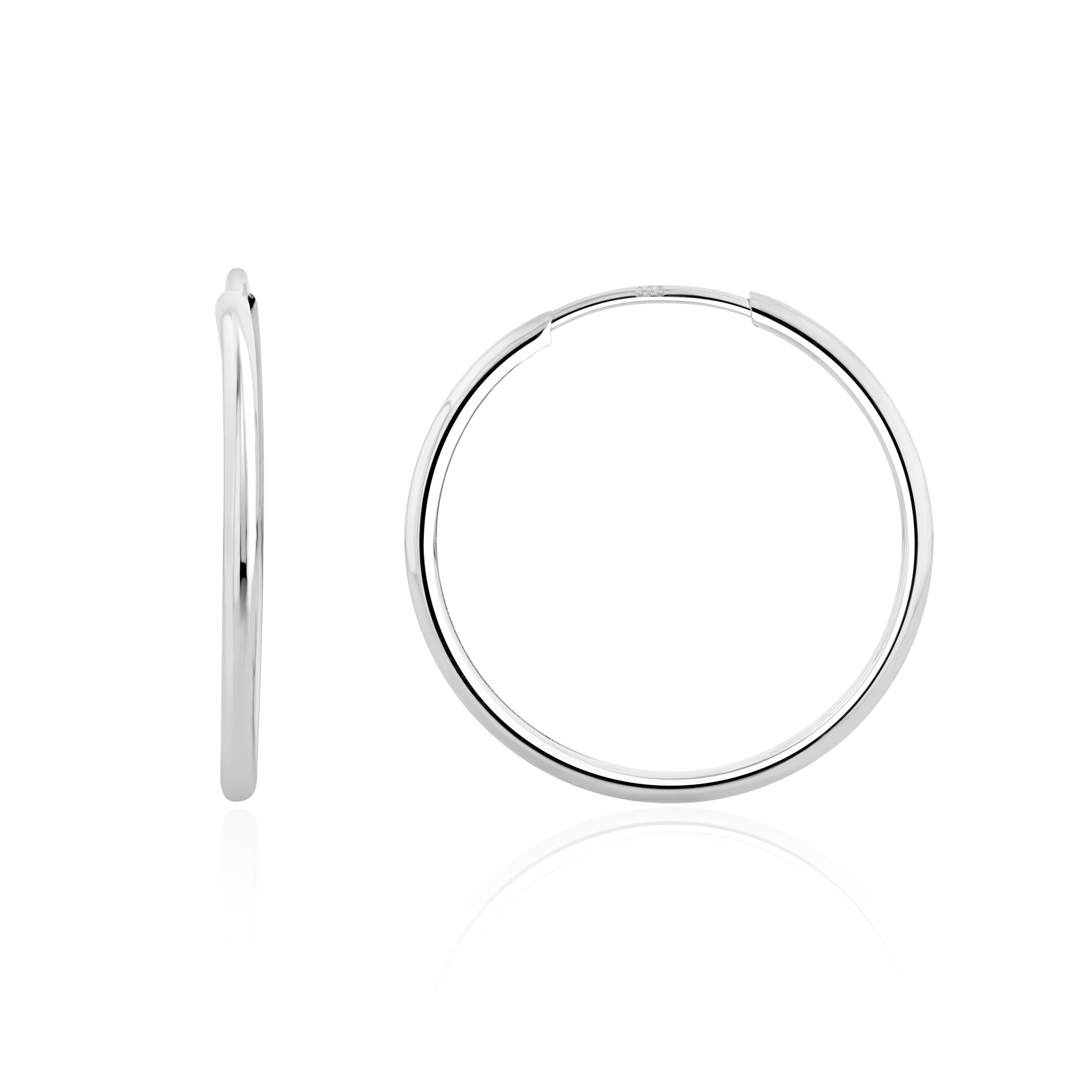 9ct White Gold Thin Sleeper Hoop Earrings. 24mm Diameter