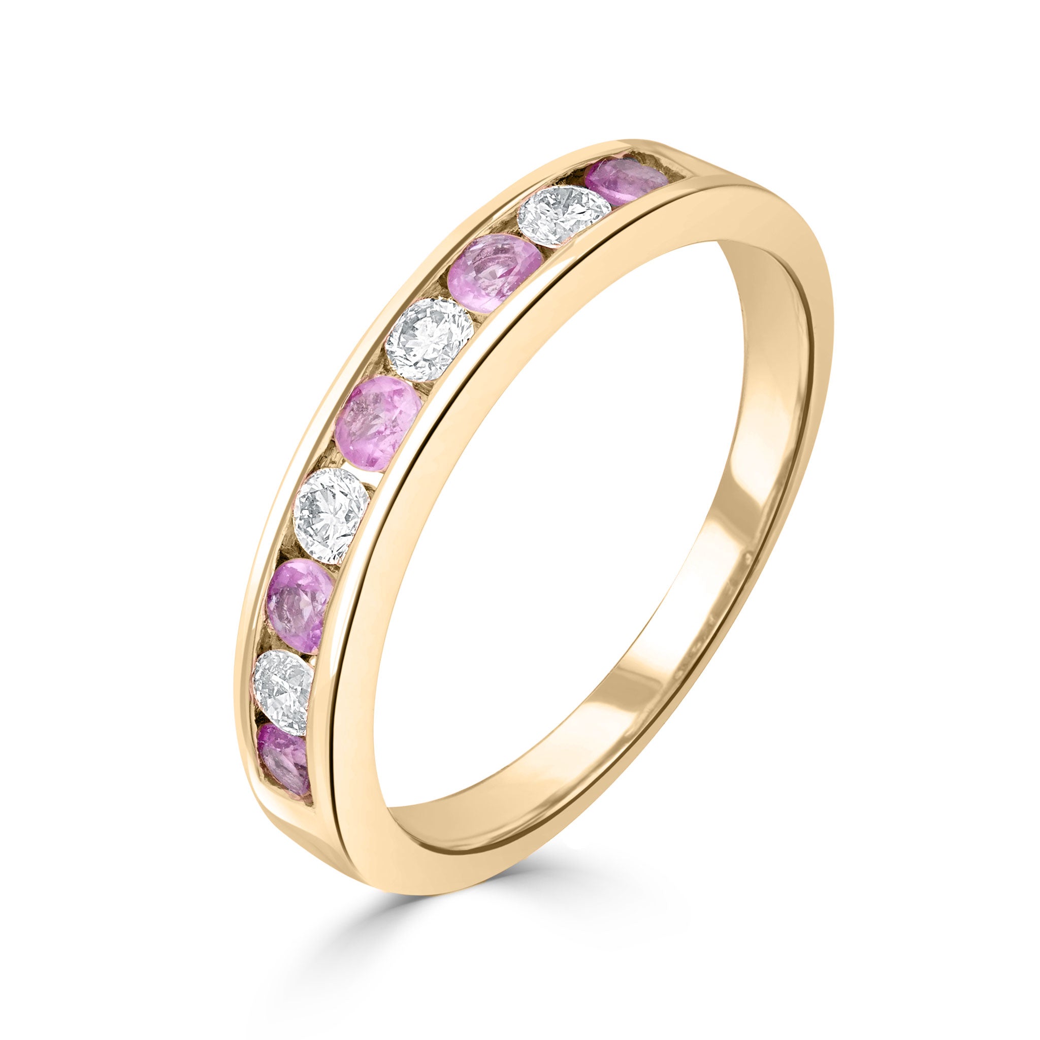 9CT YG ROUND PINK SAPPHIRE & ROUND DIAMOND CHANNEL SET 9ST RING 1