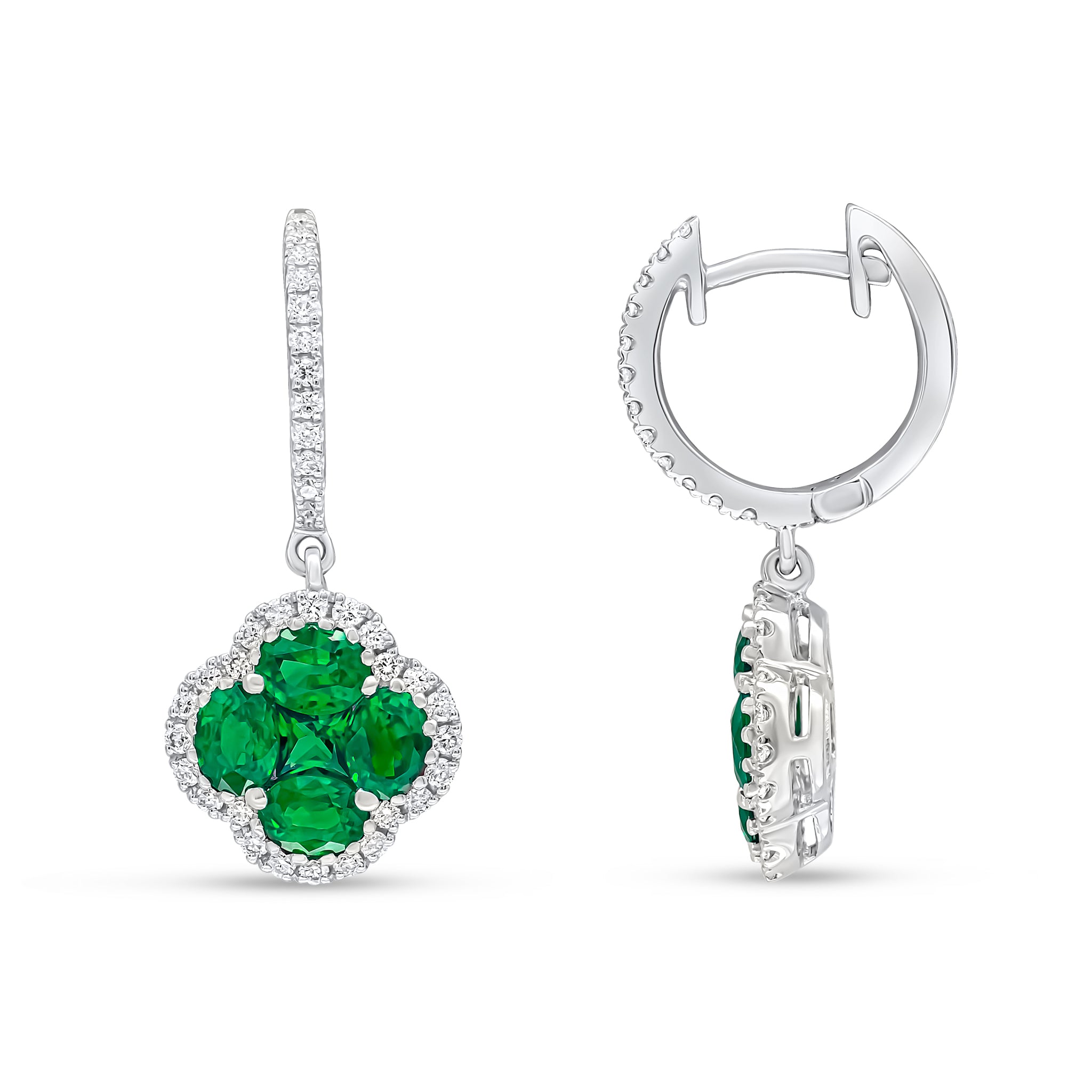 18ct White Gold Round Diamond Claw Set Hoop with Emerald and Diamond Quatrefoil Cluster Drop Earrings