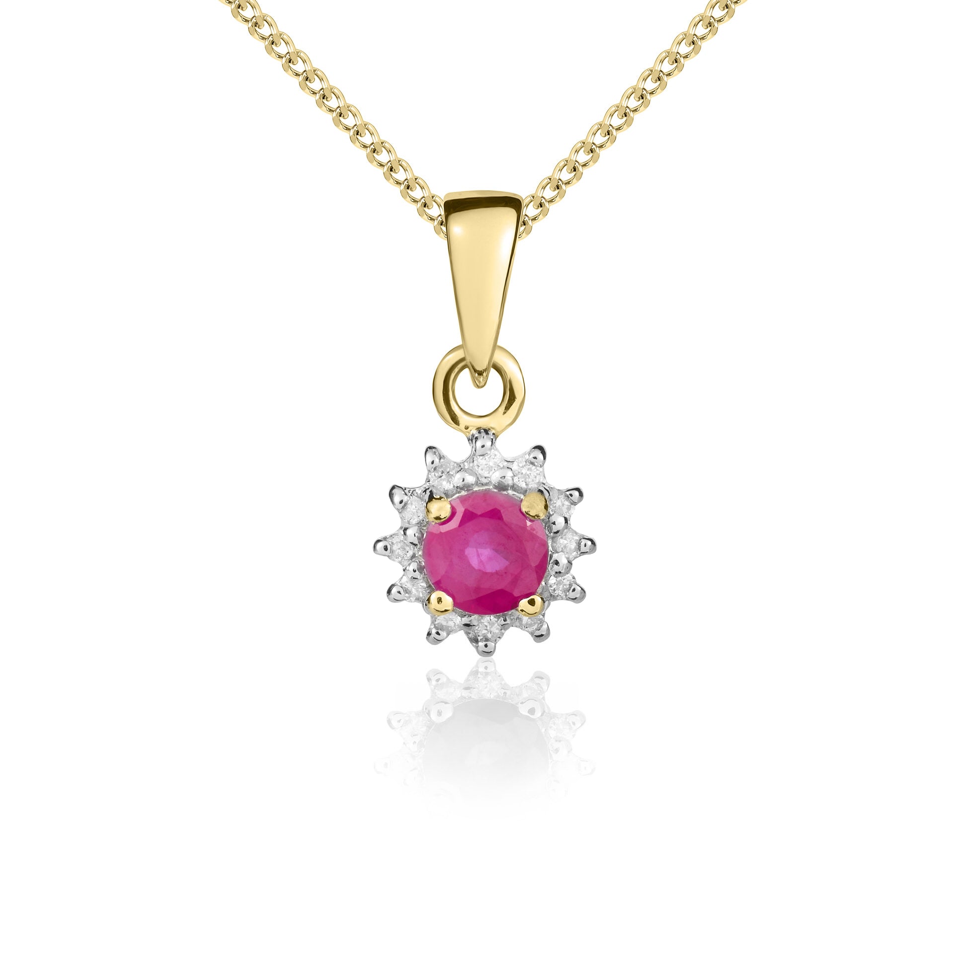 9ct Yellow Gold 4mm Round Ruby & Diamond Claw Set Pendant Rhodium to Diamonds