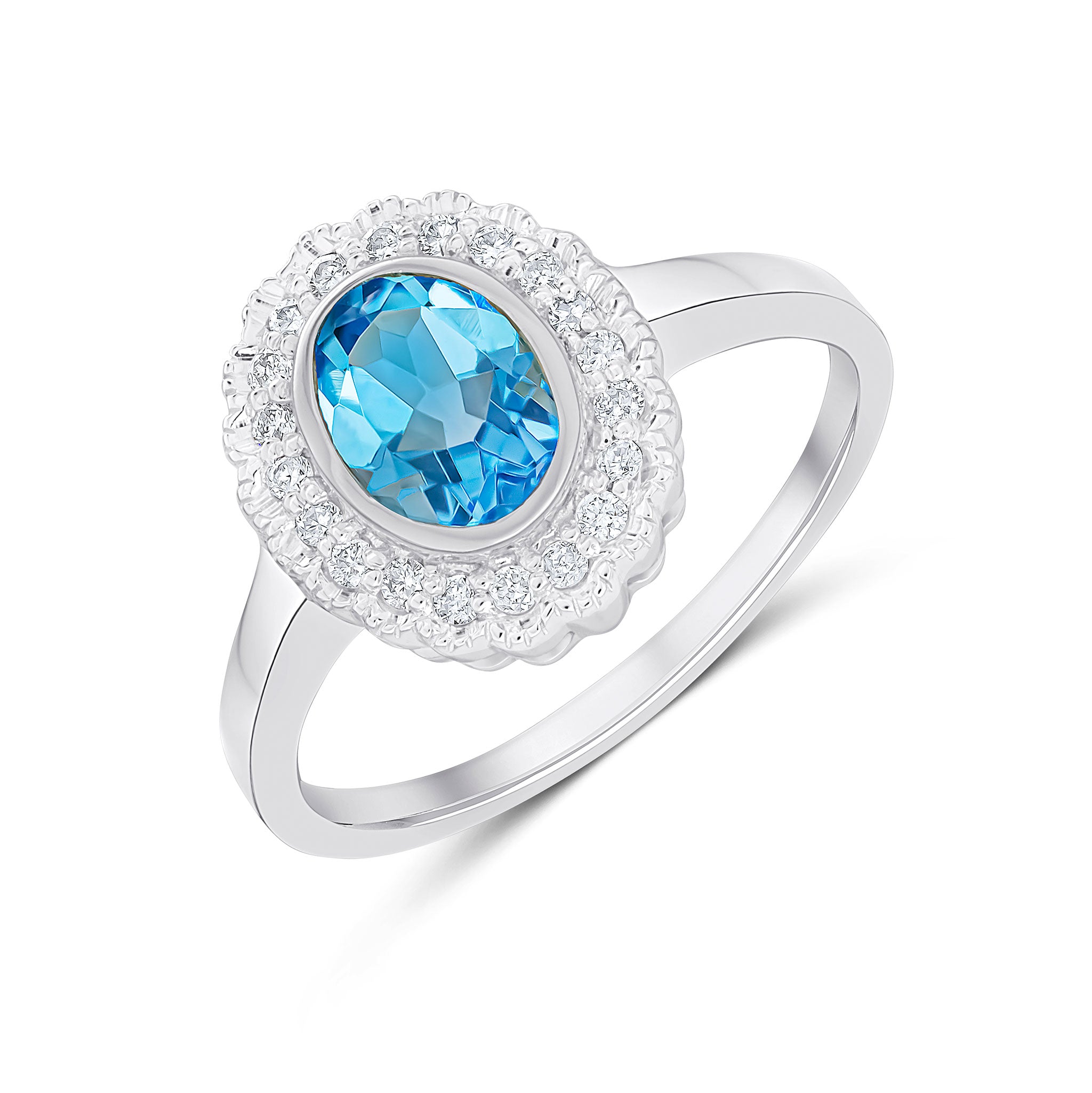 9CT WHITE GOLD RUBOVER OVAL SWISS BLUE TOPAZ AND MILLEGRAIN ROUND DIAMOND CLUSTER RING 1