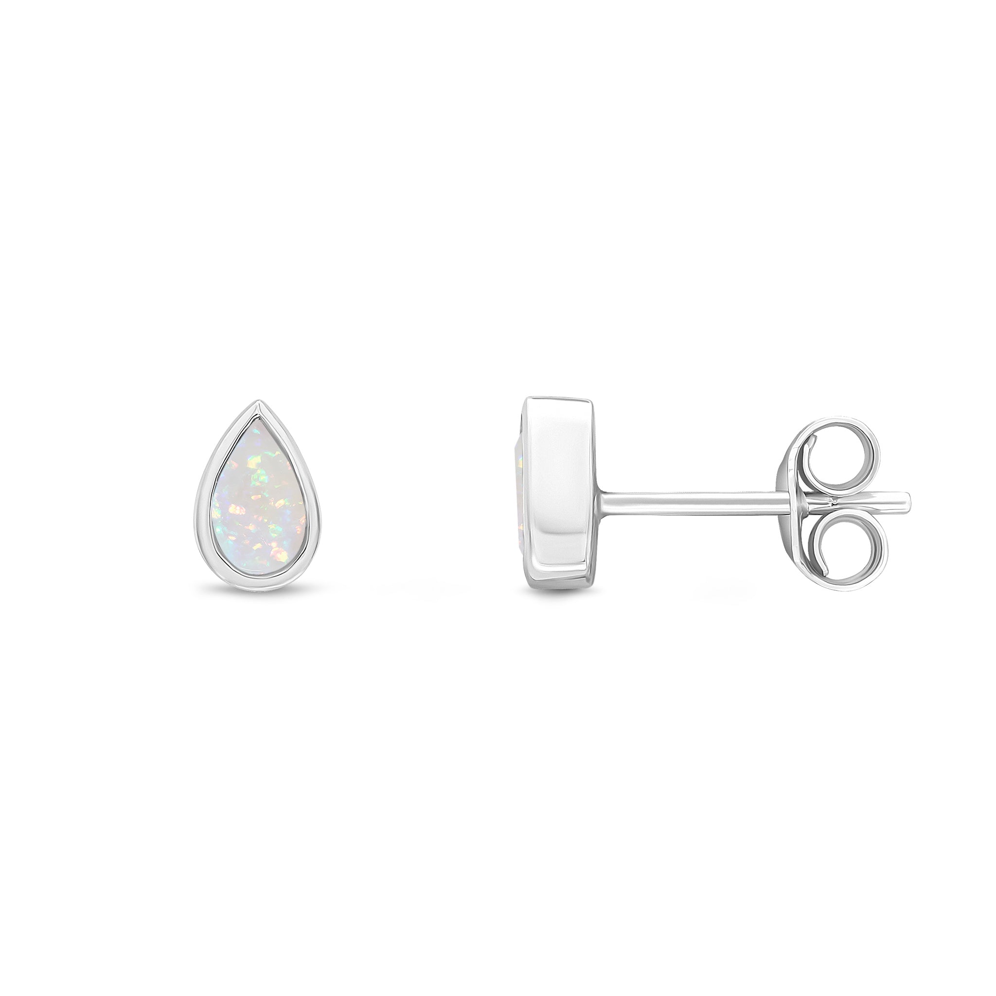 9ct White Gold 5x3 Pear Shape Opal Rubover Set Earrings