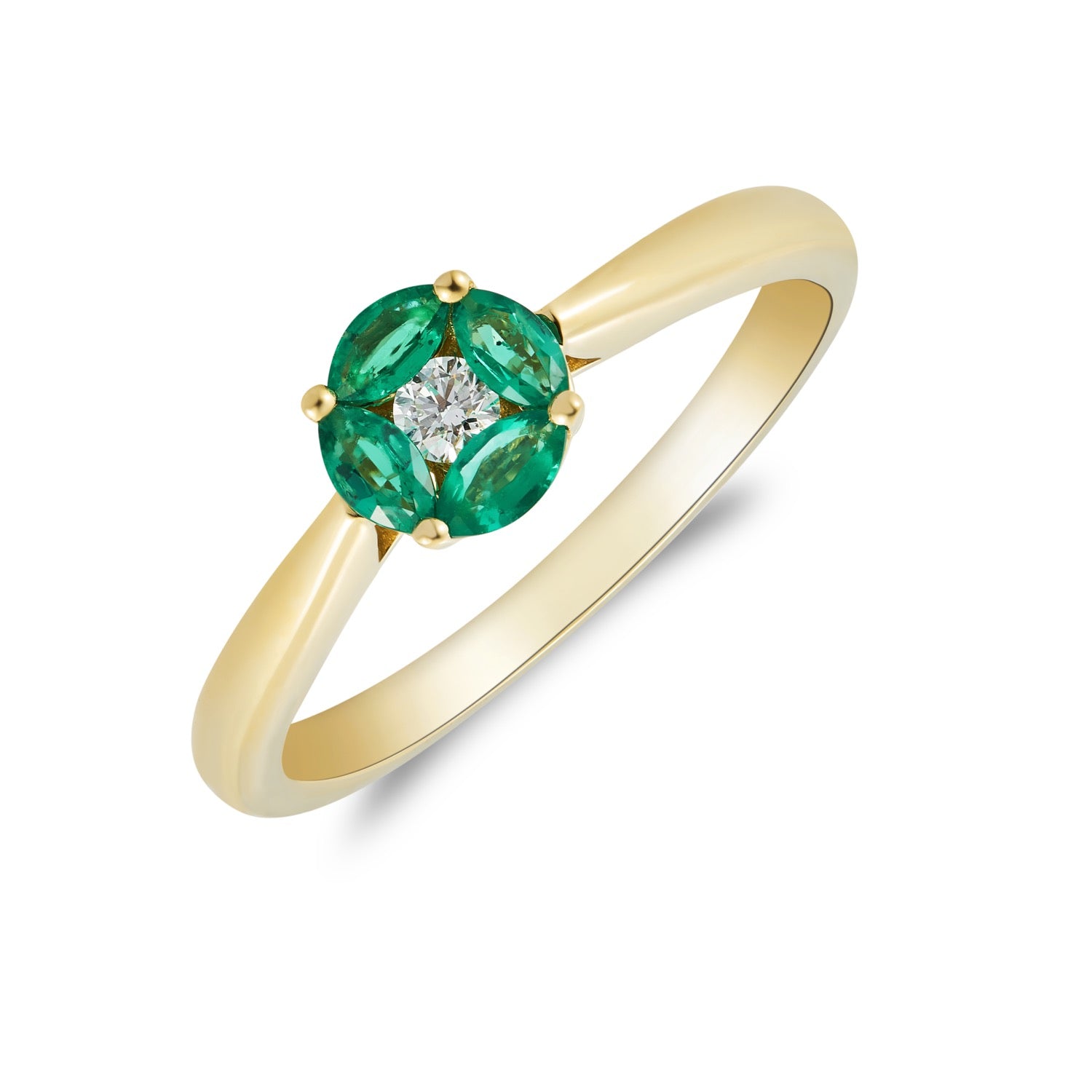 18ct Yellow Gold Marquise Emerald & Round Diamond Cluster Ring Tapered Shank