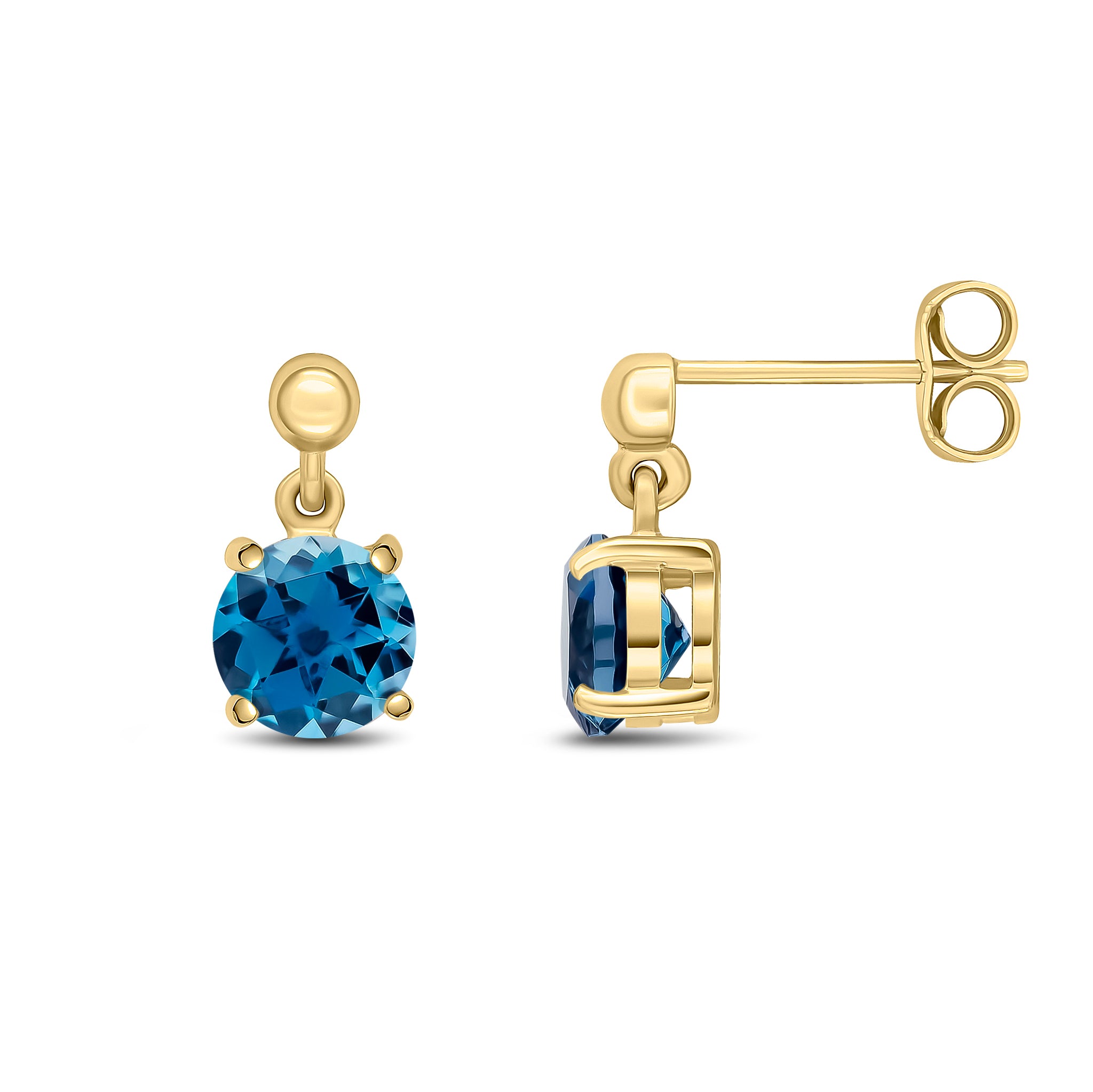 9ct Yellow Gold 6mm Round London Blue Topaz Claw Set Drop Earrings with Bead Top