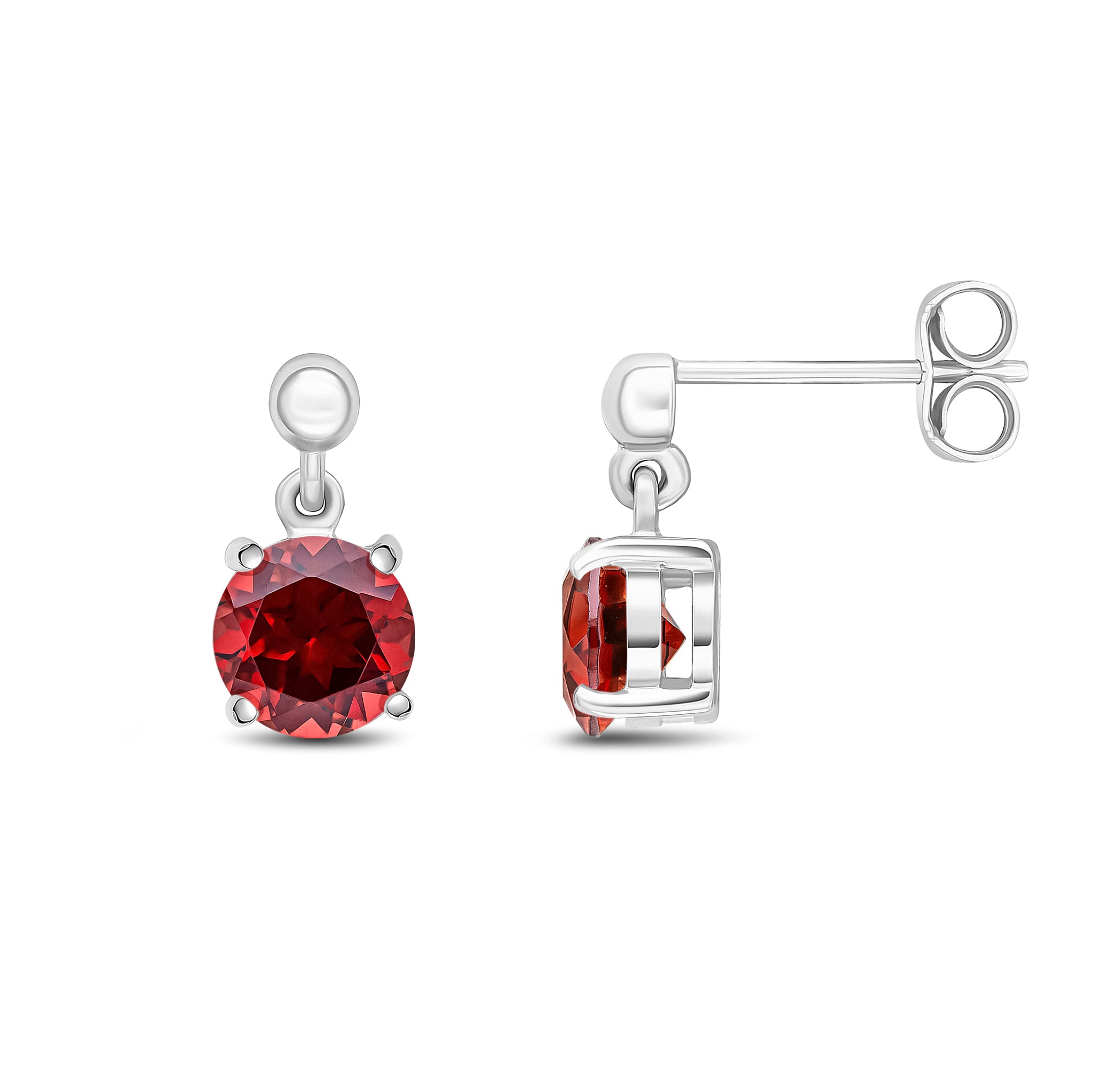 9ct White Gold 6mm Round Garnet Claw Set Drop Earrings with Bead Top