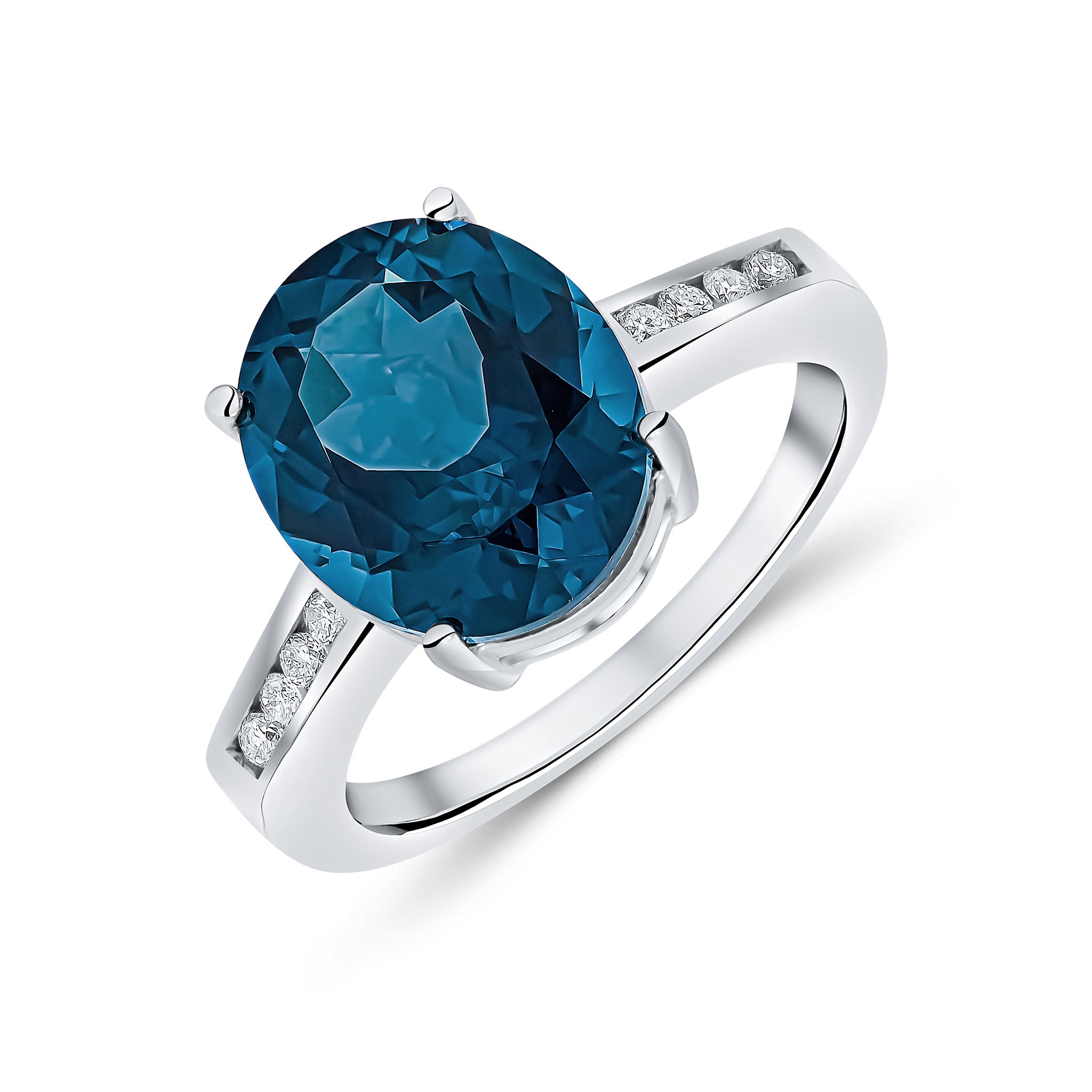 9ct White Gold 12x10mm Claw Set Oval London Blue Topaz Single Stone Ring with Channel Set Diamond Shoulders