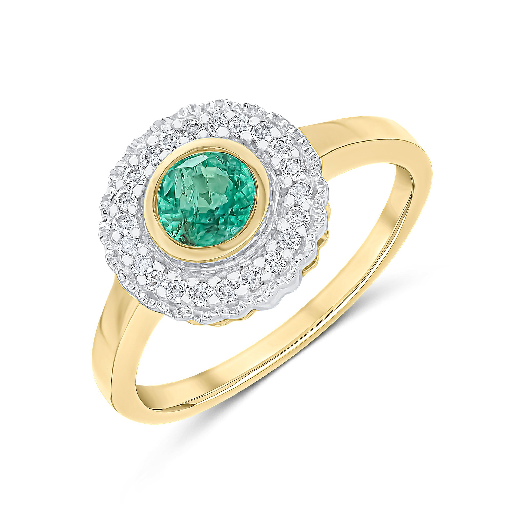 9CT YELLOW GOLD ROUND RUBOVER EMERALD AND MILLEGRAIN ROUND DIAMOND CLUSTER RING. RHODIUM TO DIAMONDS 1