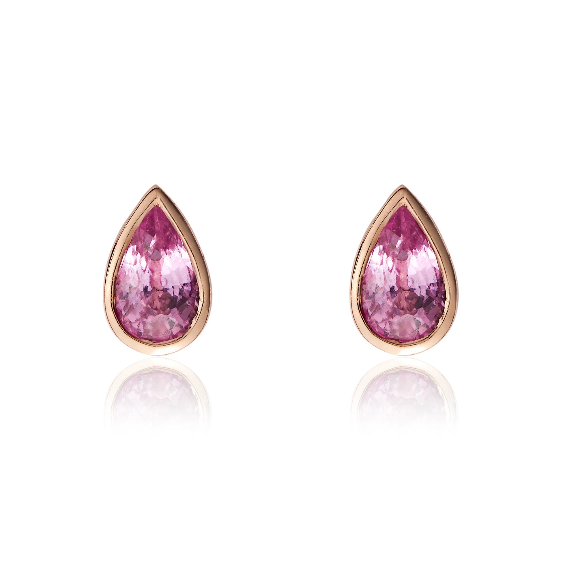 9ct Rose Gold Pear Shaped Pink Sapphire Rubover Stud Earrings