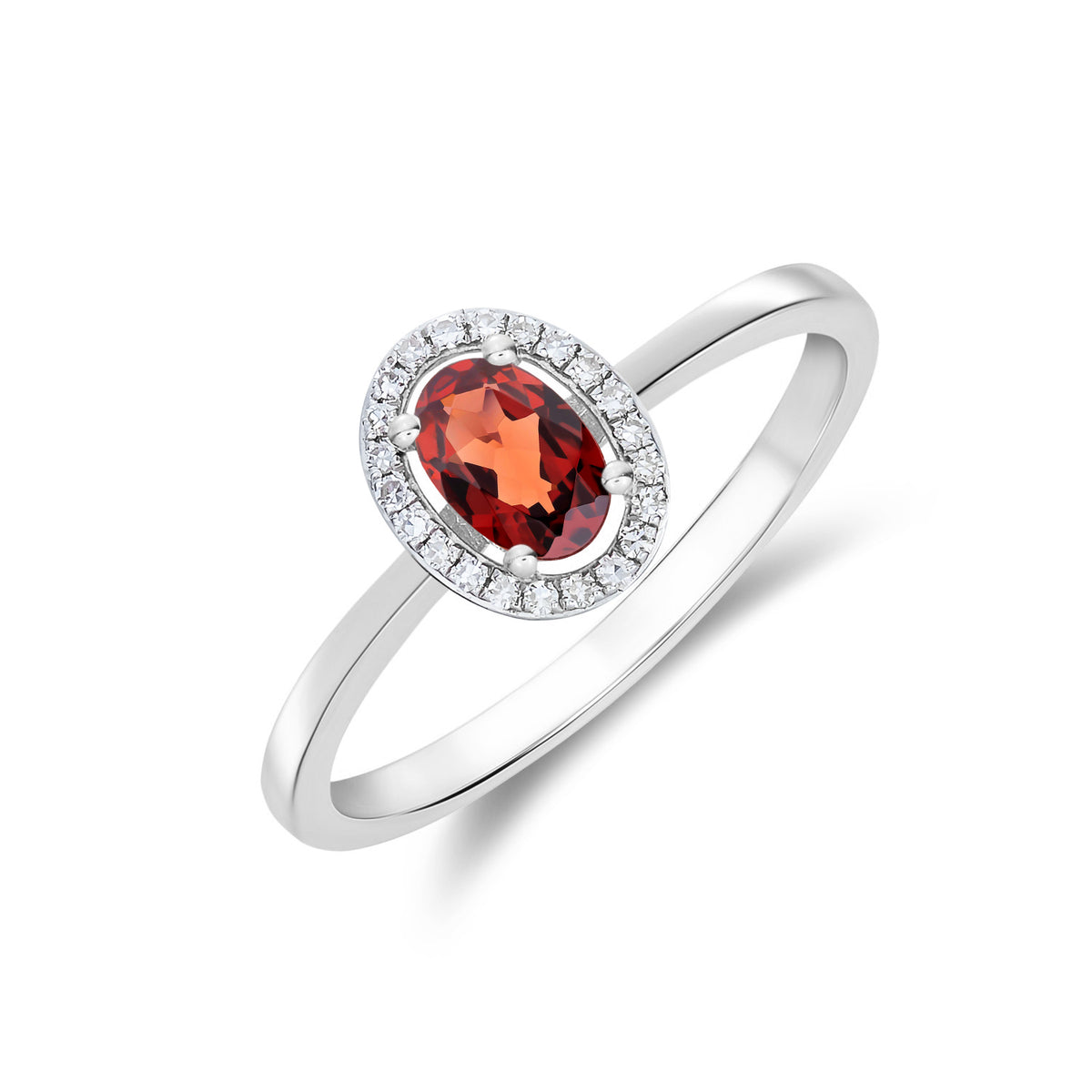 9ct White Gold 6x4 Oval Garnet and Round Diamond Halo Cluster Ring