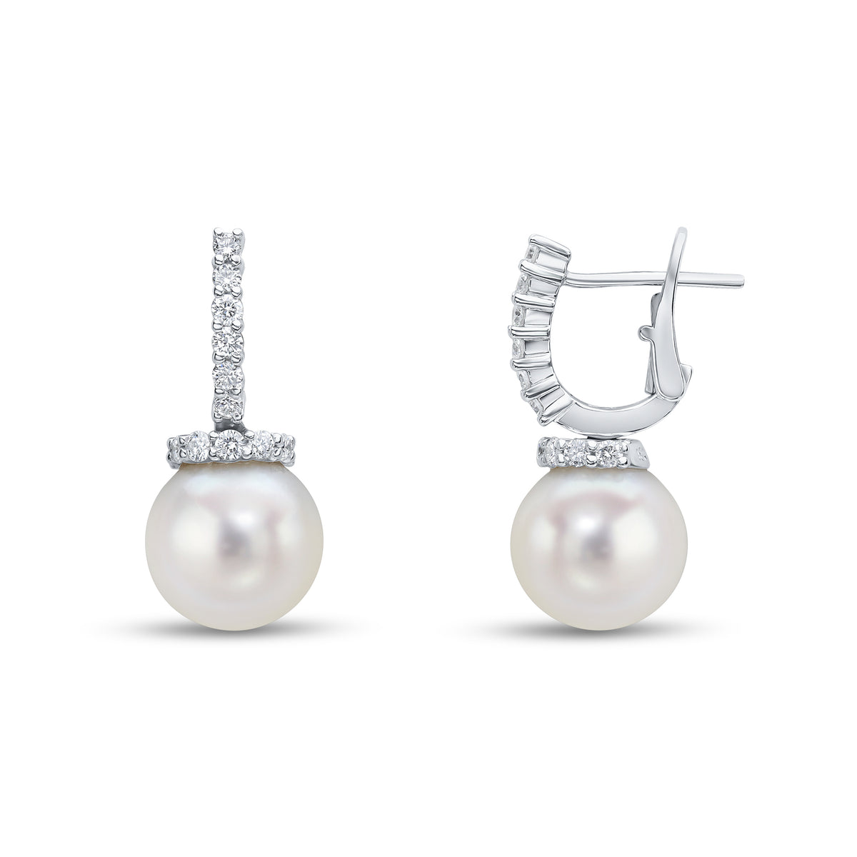 18ct White Gold Cfw Pearl with Diamond Set Cap and Line Top Drop Earrings
