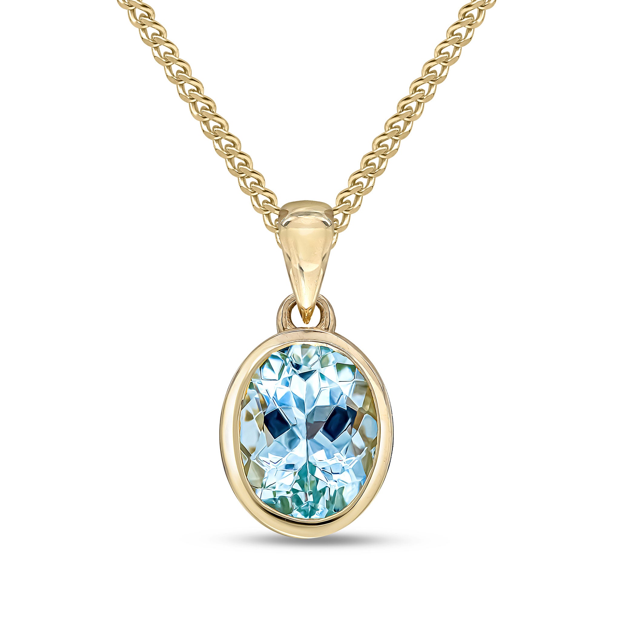 9ct Yellow Gold 9x7mm Oval Aquamarine Single Stone Rubover Pendant with Plain Loop