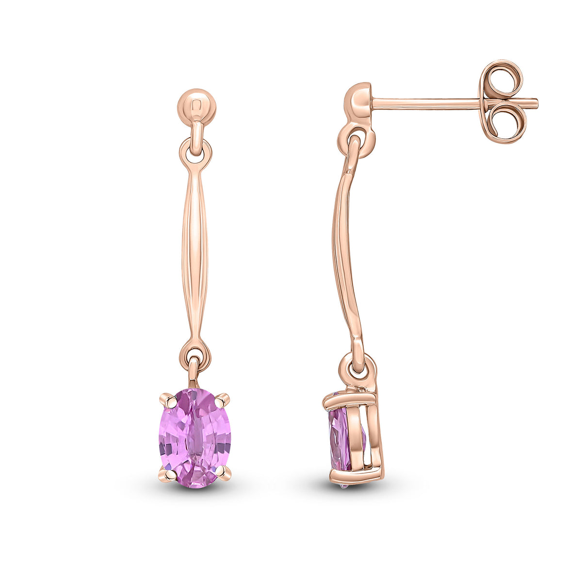 9ct Rose Gold Claw Set 6x4mm Oval Pink Sapphire and Bar Drop Earrings